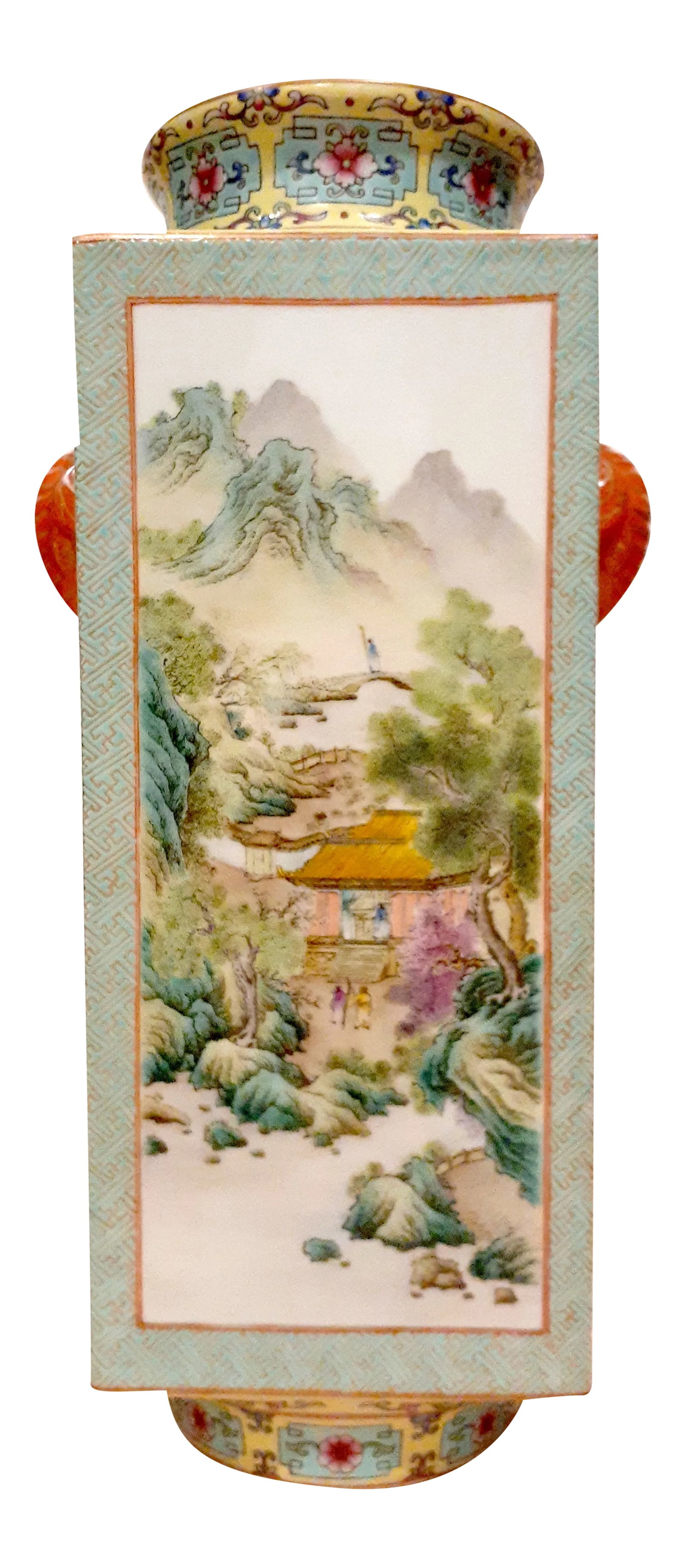 Early 20th Century Chinese Porcelain Landscapes and Garden Scenes Cong Vase: Chinese porcelain landscapes and garden scenes cong vase, finely painted scenes within square cartouches on the four sides of the body surrounded by a light green lattice of wan-li characters. The