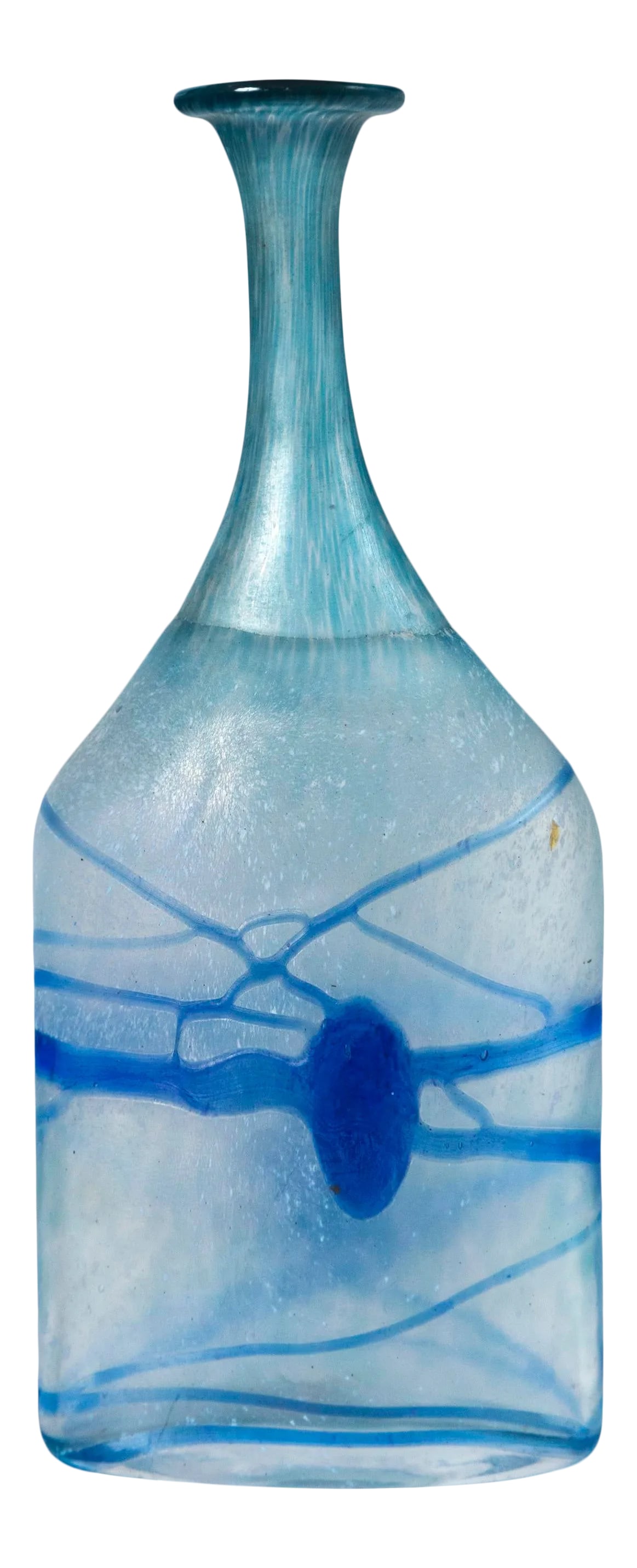 Circa 1970 Art Glass Vase, Bertil Vallien, Kosta Boda, Sweden: Art glass vase, Bertil Valien, Kosta Boda, Sweden, circa 1970. Frosted hand-blown glass with bright blue applied abstract design, Galaxy series. Signed on bottom, Bertil Valien (b.1938) is a renown Sw