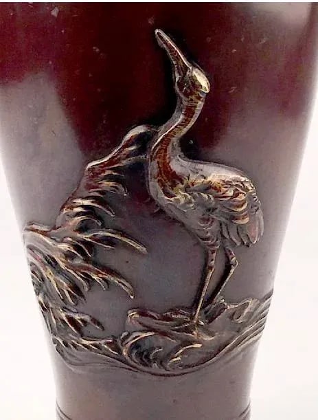 Antique Japanese Meiji Era Bronze Crane Vase - 4