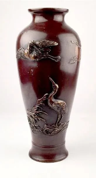 Antique Japanese Meiji Era Bronze Crane Vase - 8