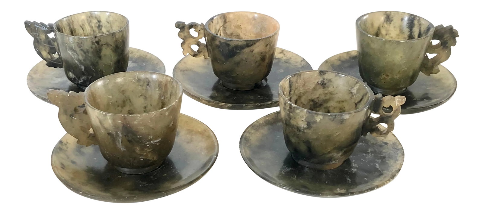 Antique Chinese Moss Jade Cups and Saucers, Set of 5: Antique Chinese Export Qing Dynasty 1890 Transparent hand carved Nephrite Jade Cups & Saucers, set of 5. The transparent green Nephrite Jade has darker seaweed color jade veined through them. The