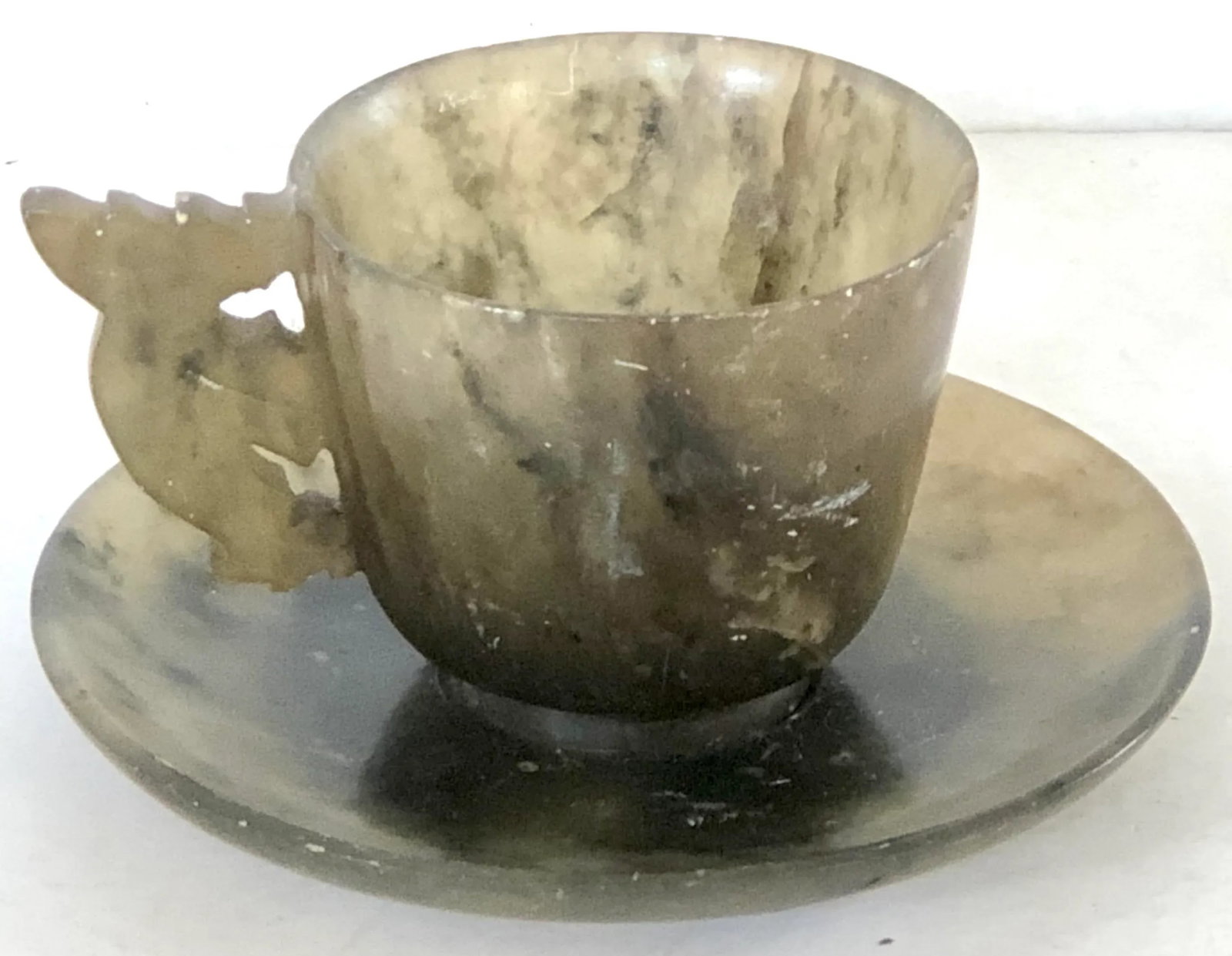 Antique Chinese Moss Jade Cups and Saucers, Set of 5 - 2