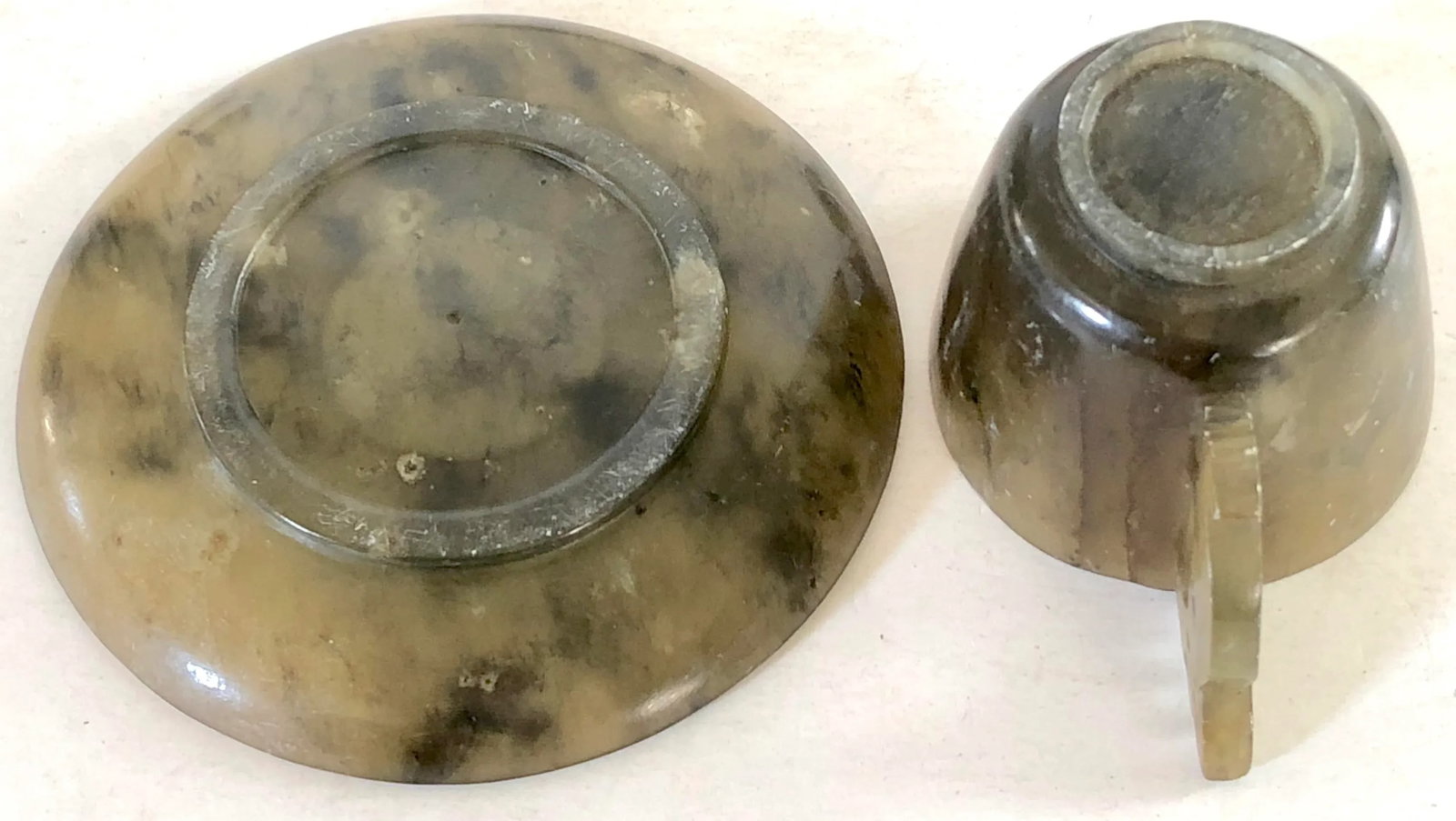Antique Chinese Moss Jade Cups and Saucers, Set of 5 - 5