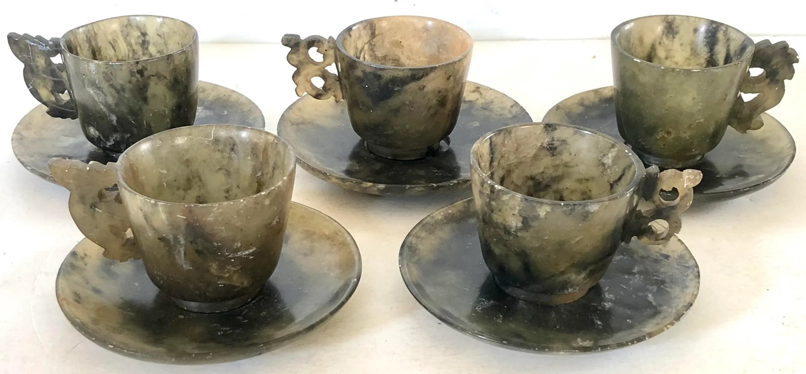 Antique Chinese Moss Jade Cups and Saucers, Set of 5 - 6