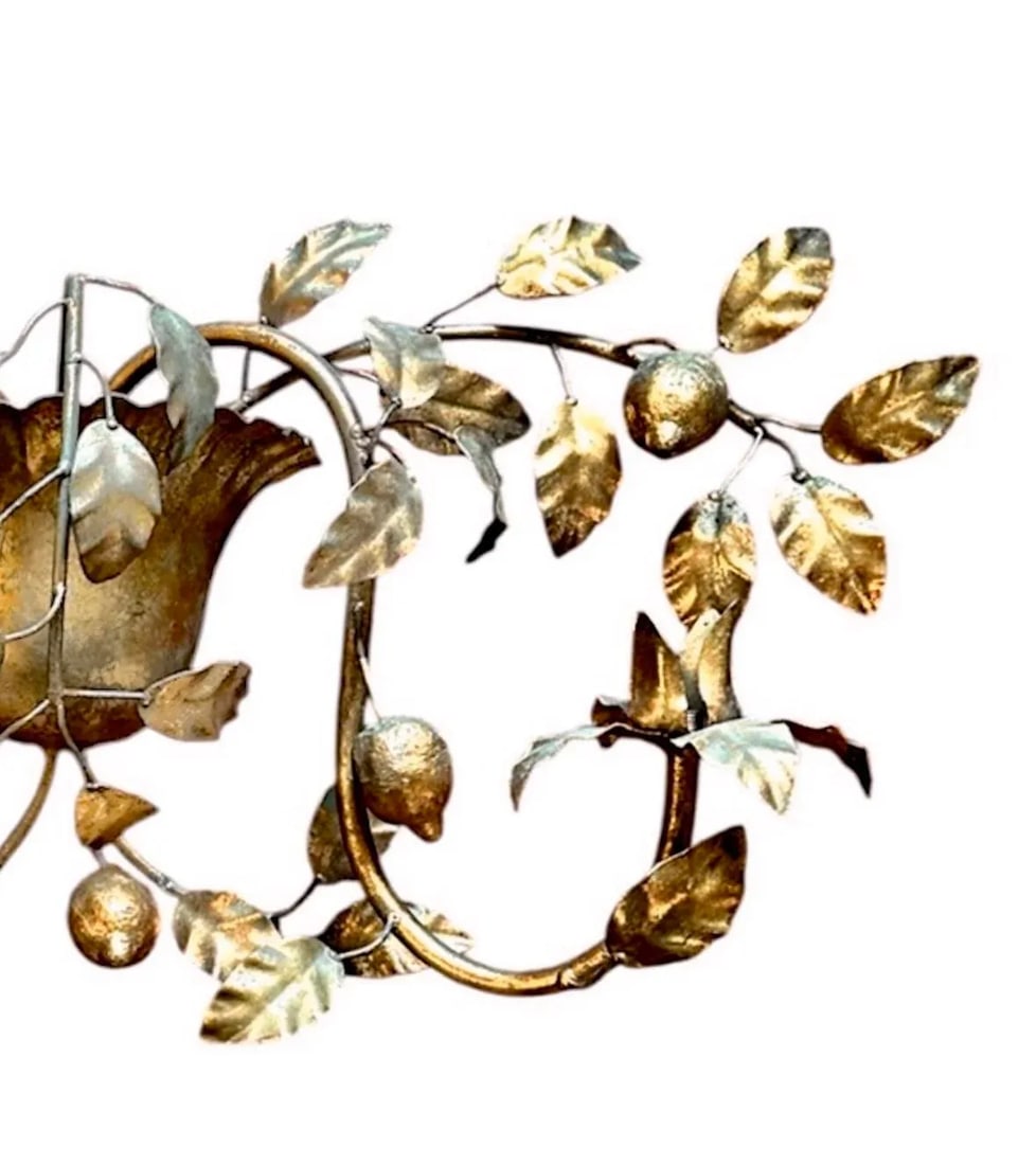 Vintage Italian Gilt / Gold Tole Double Arm Citrus Lemon Basket Candle Sconce - 3