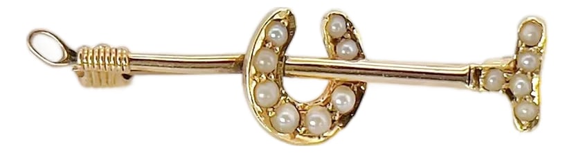 Victorian 14k Polo Mallet and Horseshoe Pearl Brooch: About This Brooch: Spoil the equestrian lover in your life with this exquisite Victorian Polo Mallet and Horseshoe Pearl Brooch. The dainty size and easy-to-wear design make it a versatile accessory f