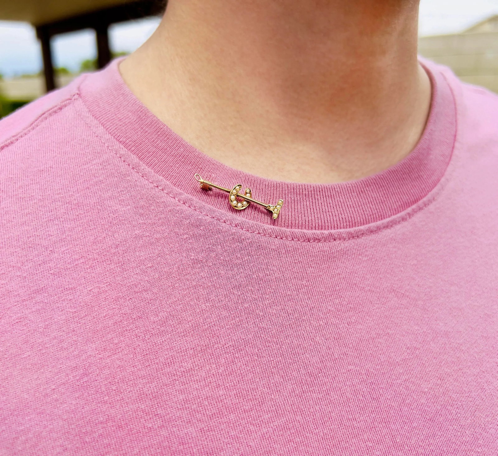 Victorian 14k Polo Mallet and Horseshoe Pearl Brooch - 3