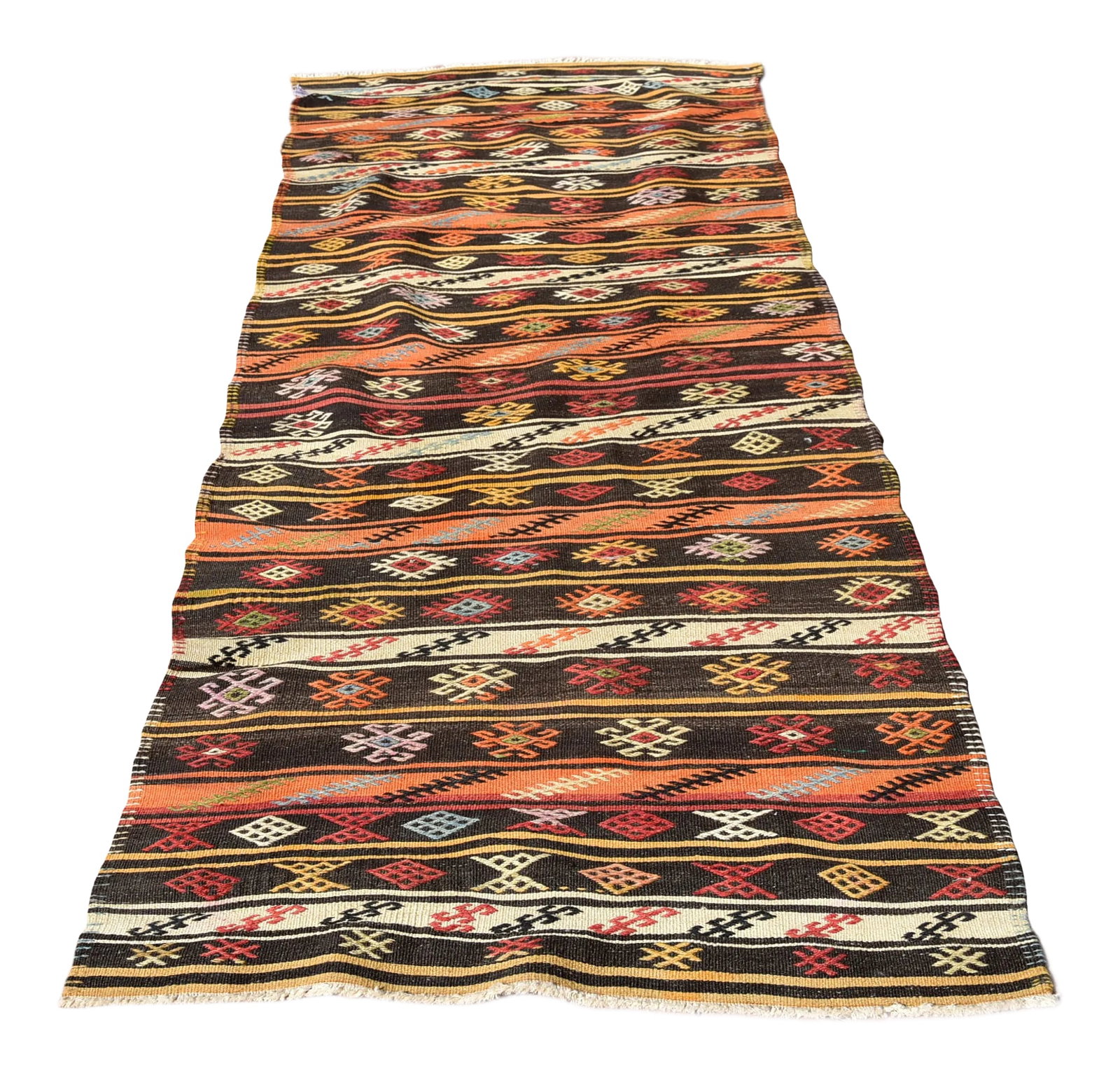 1970s Rustic Style Handmade Oushak Turkish Kilim Runner Rug: Handmade Oushak Antique Traditional Motif Turkish Kilim Runner - 3x10 Ft Size: 3.1 x 10 ft ( 95 x 306 cm) 37 x 120 inches Color: Red, Black, White, Orange, Yellow Material: 100% Wool Fast Shipping: De