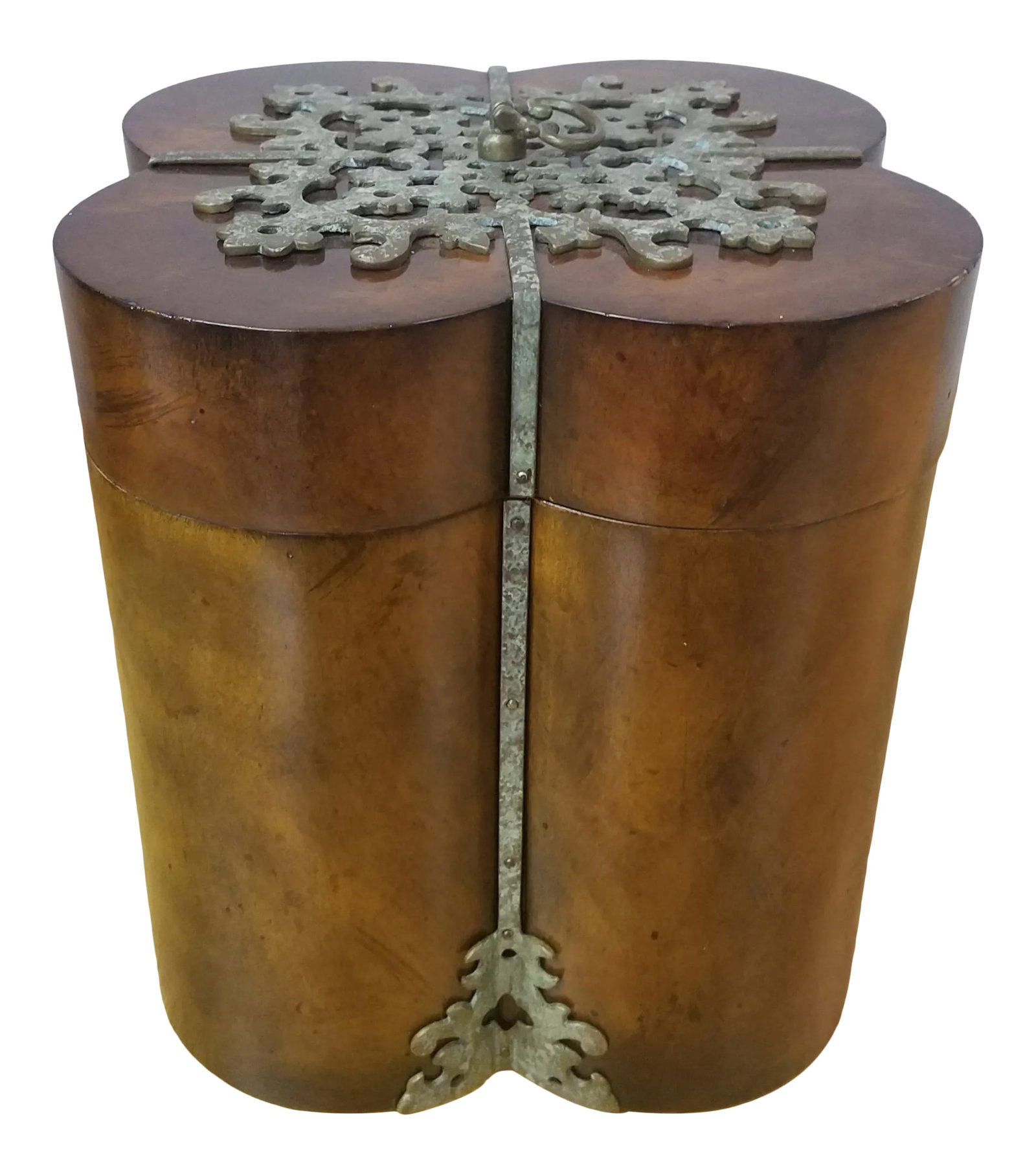 Vintage Quatrefoil Wood Box with Patinated Brass Accents: Solid wood with heavy patinaed brass accents. Quatrefoil design and brass accents at each corner of the box as well as a ornate design on the top. Felt protects the bottom of the box. See detailed pho