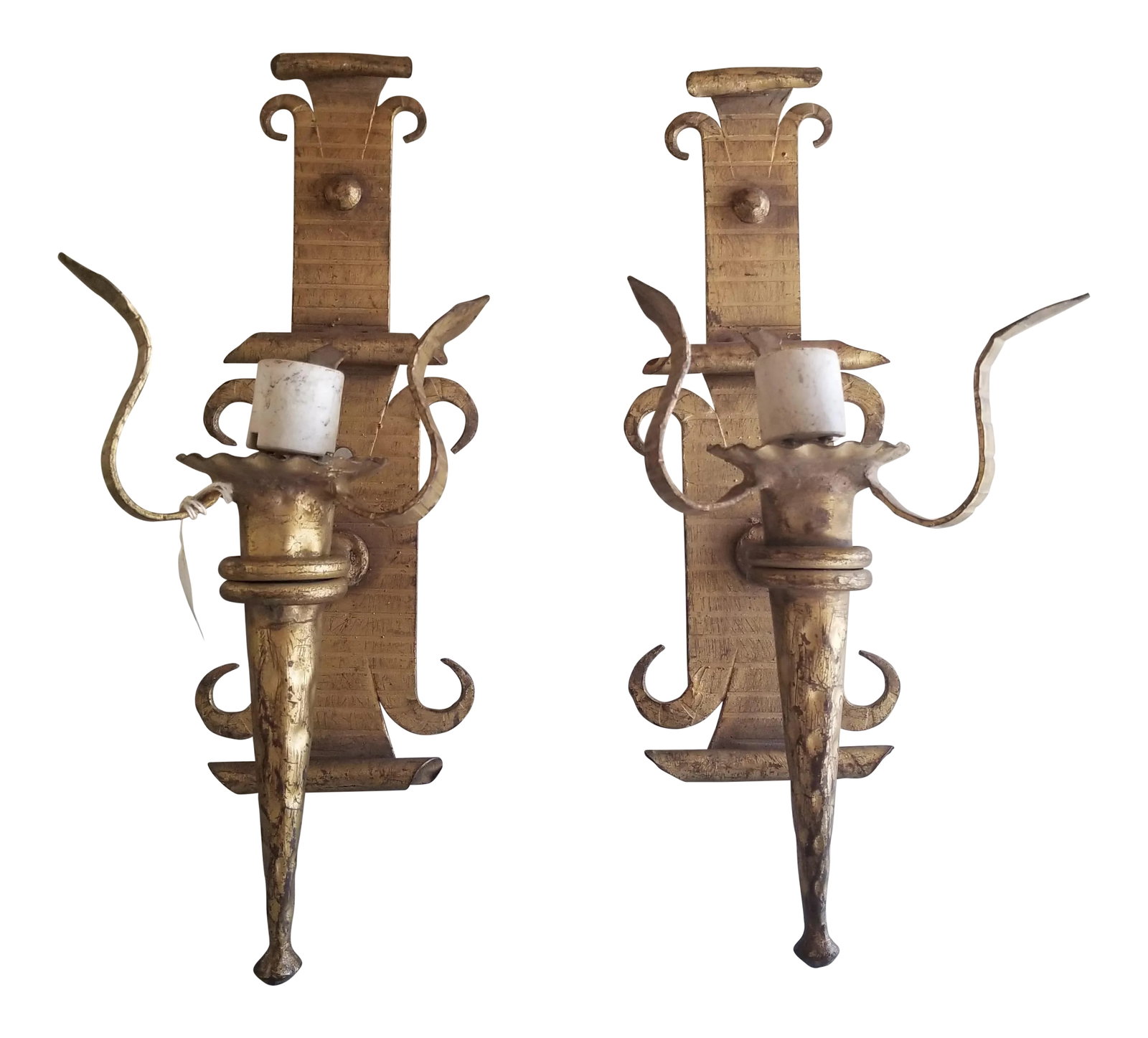 Vintage Vintage Neoclassical Gothic Wrought Iron Gilt Wall Sconces - Set 2 Pair (1 of 7)
