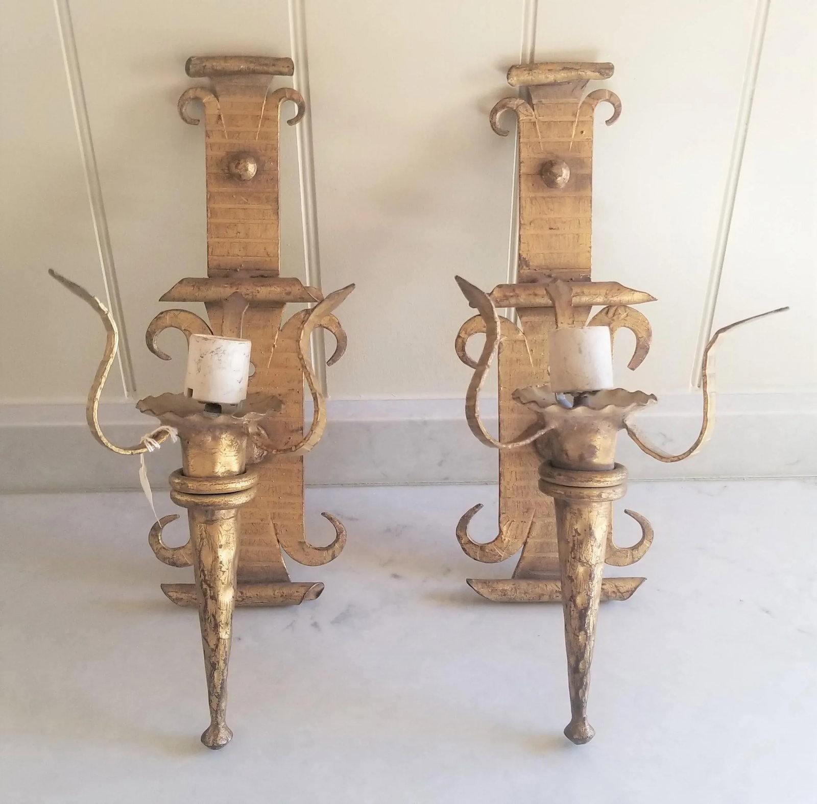 Vintage Vintage Neoclassical Gothic Wrought Iron Gilt Wall Sconces - Set 2 Pair - 2