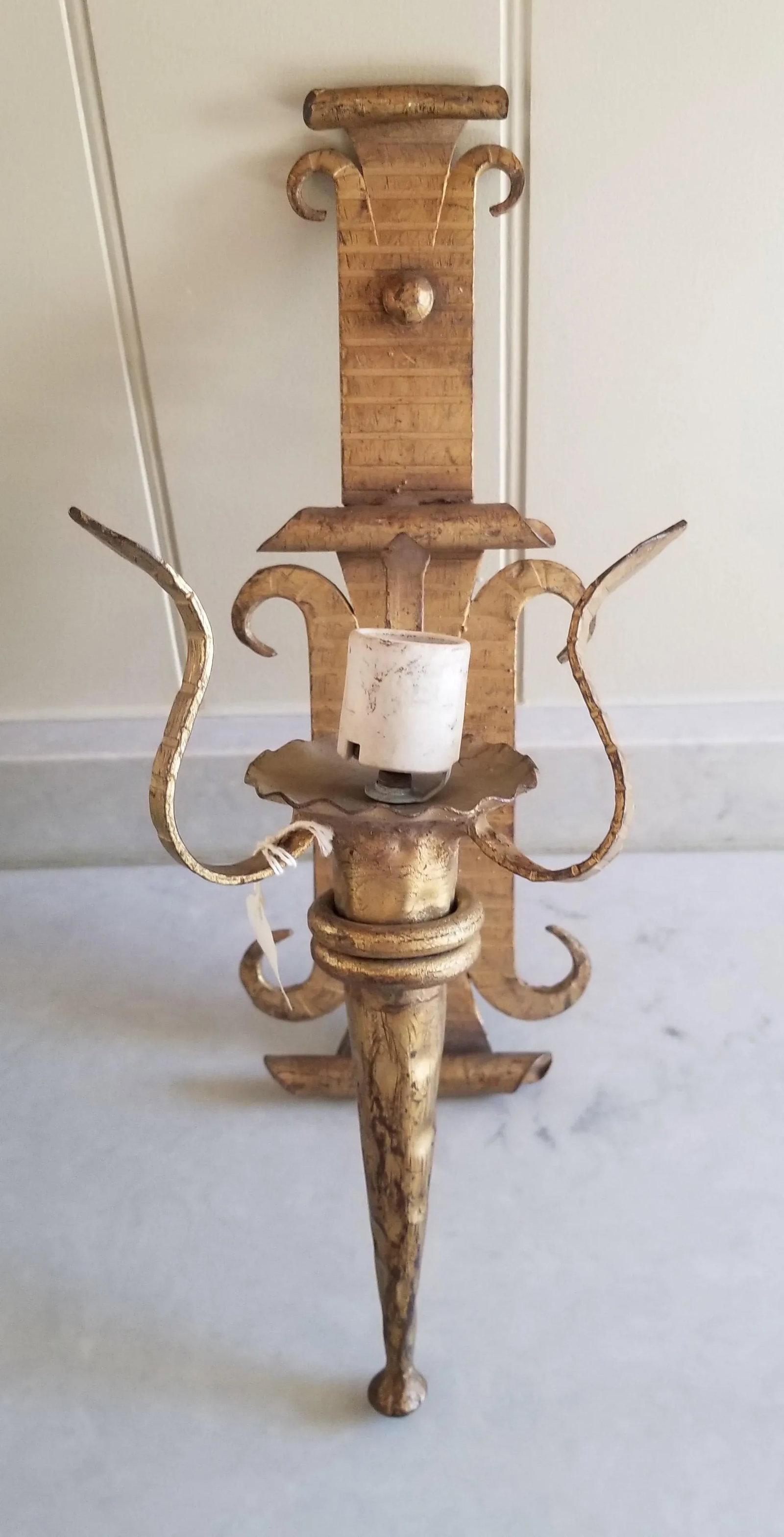 Vintage Vintage Neoclassical Gothic Wrought Iron Gilt Wall Sconces - Set 2 Pair - 4