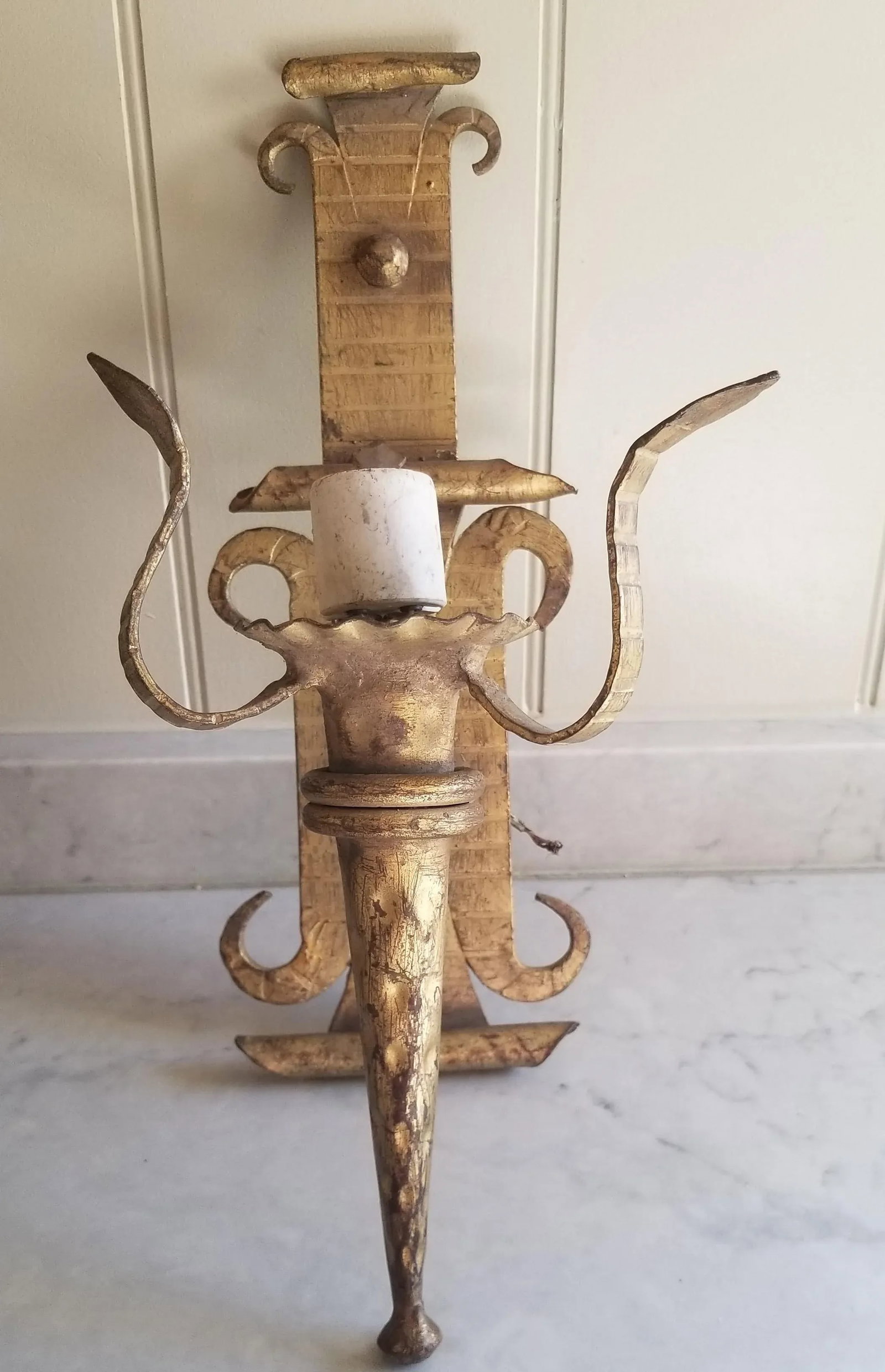 Vintage Vintage Neoclassical Gothic Wrought Iron Gilt Wall Sconces - Set 2 Pair - 5