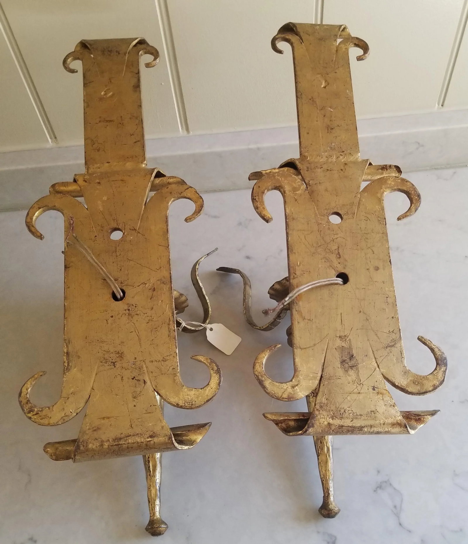 Vintage Vintage Neoclassical Gothic Wrought Iron Gilt Wall Sconces - Set 2 Pair - 6
