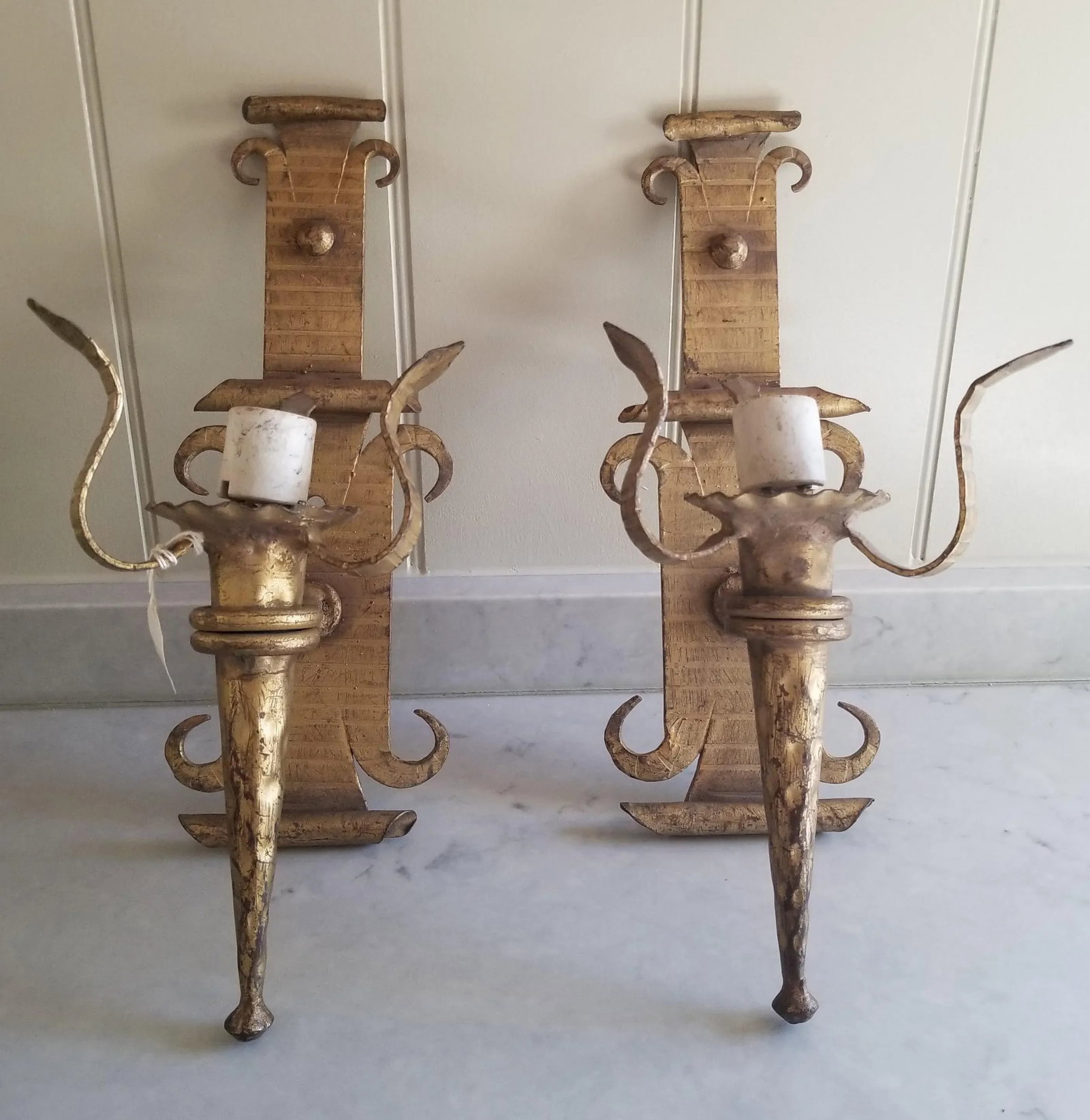 Vintage Vintage Neoclassical Gothic Wrought Iron Gilt Wall Sconces - Set 2 Pair - 7
