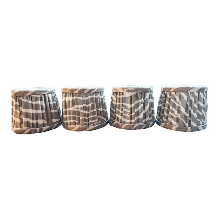 Brunschwig & Fils Le Zebre Clip on Chandelier/Sconce Lamp Shades ,Set/4: 4 custom made lampshades ordered from Kravet. Le Zebre fabric in Pewter. See my coordinating pillows listed as well! 4.5" wide on top 5.5" wide on bottom 4.5" Tall Condition: Alterations: Original Con