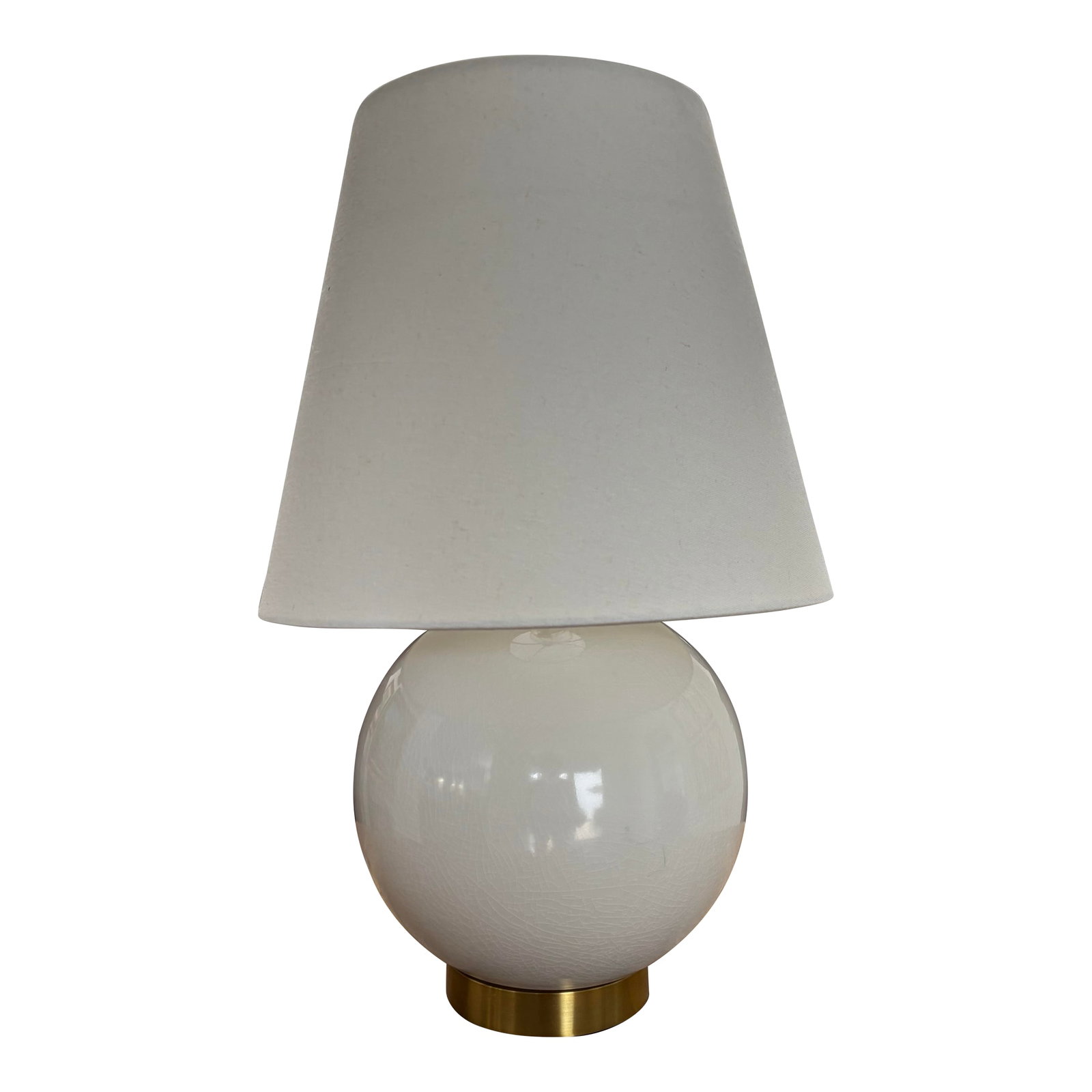 Contemporary Classic Ralph Lauren Off White Crackle Glaze Sphere Ball Lamp With Rigid Shade: The perfect lamp for a smaller space...... And of course, it's from Ralph Lauren. A creamy neutral, off-white crackle base with brush, gold fittings, and a white rigid shade. All an excellent