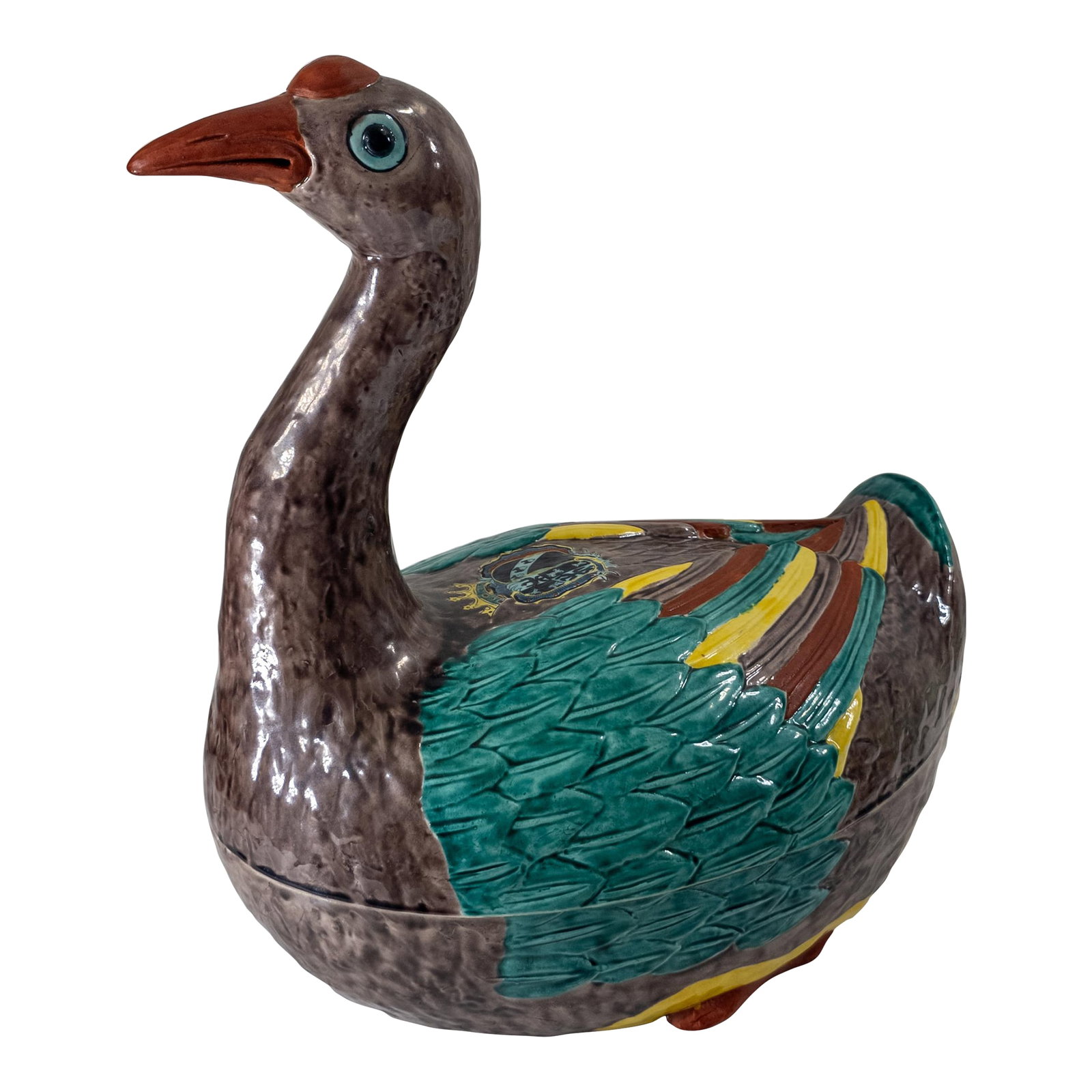 Late 20th Century Chinese Export Style Polychrome Ceramic Duck or Swan Form Tureen: We are selling this great decorative ceramic tureen in the form of a goose or swan. This Chinese export piece is modeled off the early Chinese porcelain tureens of the 18th century, this one is purely