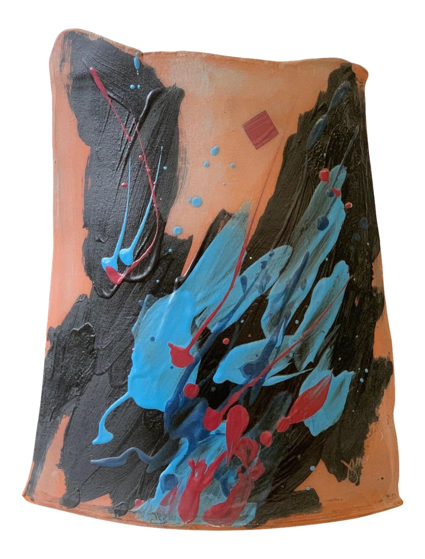 1990s Studio Pottery Terracotta Vase: Signed Studio Pottery terracotta vase, circa 1990. Signed "Jim 90". Hand built terracotta with turquoise, black, navy and red glaze. Interior is partially glazed. Great post-modern design. Condition: 