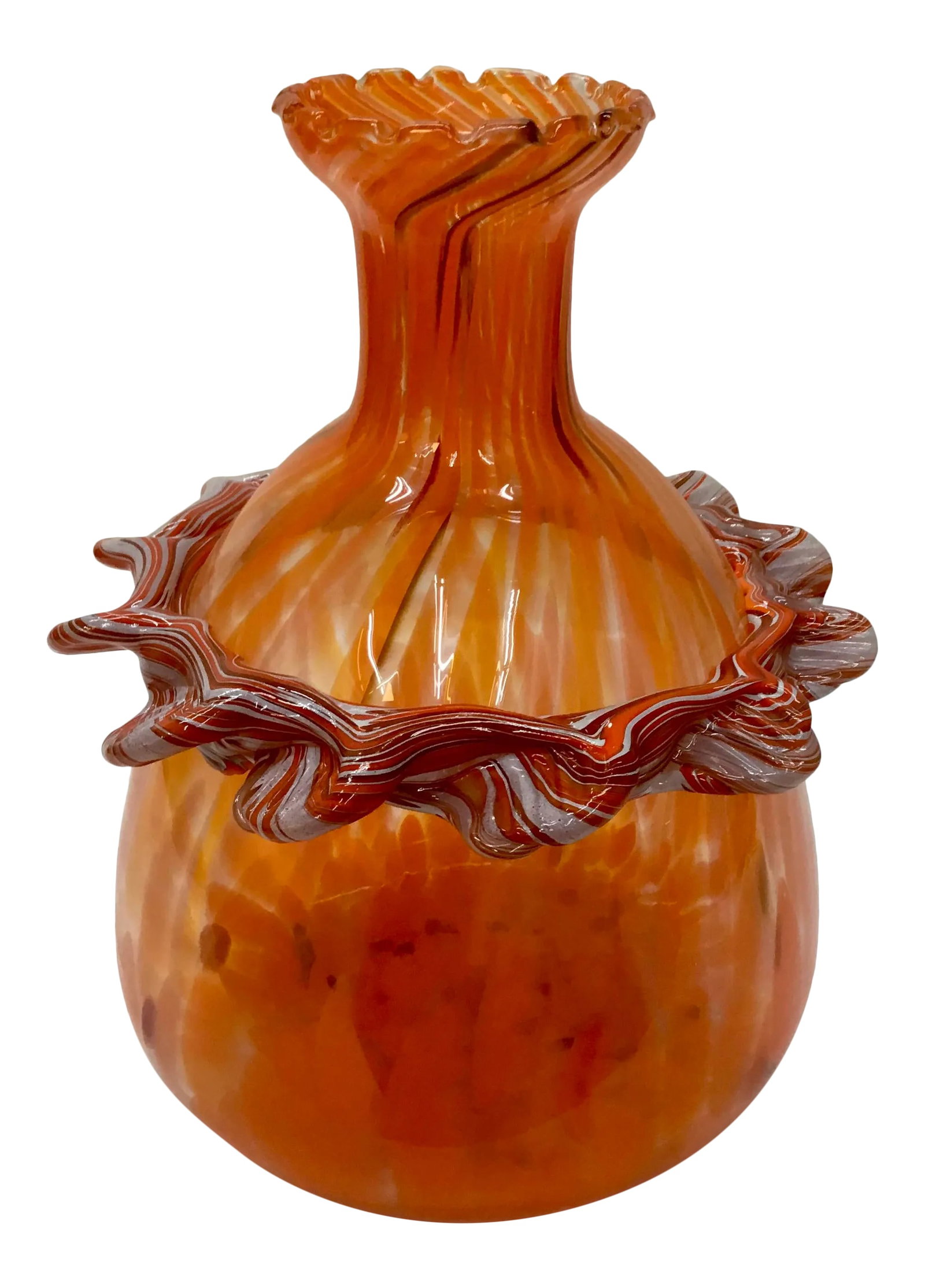Vintage Murano Glass Orange Vase: Beautiful clear and orange glass vase with applied red and white glass "collar". Condition: Alterations: Original Condition Unaltered Imperfections: Some Imperfections Condition Notes: Very minimal we