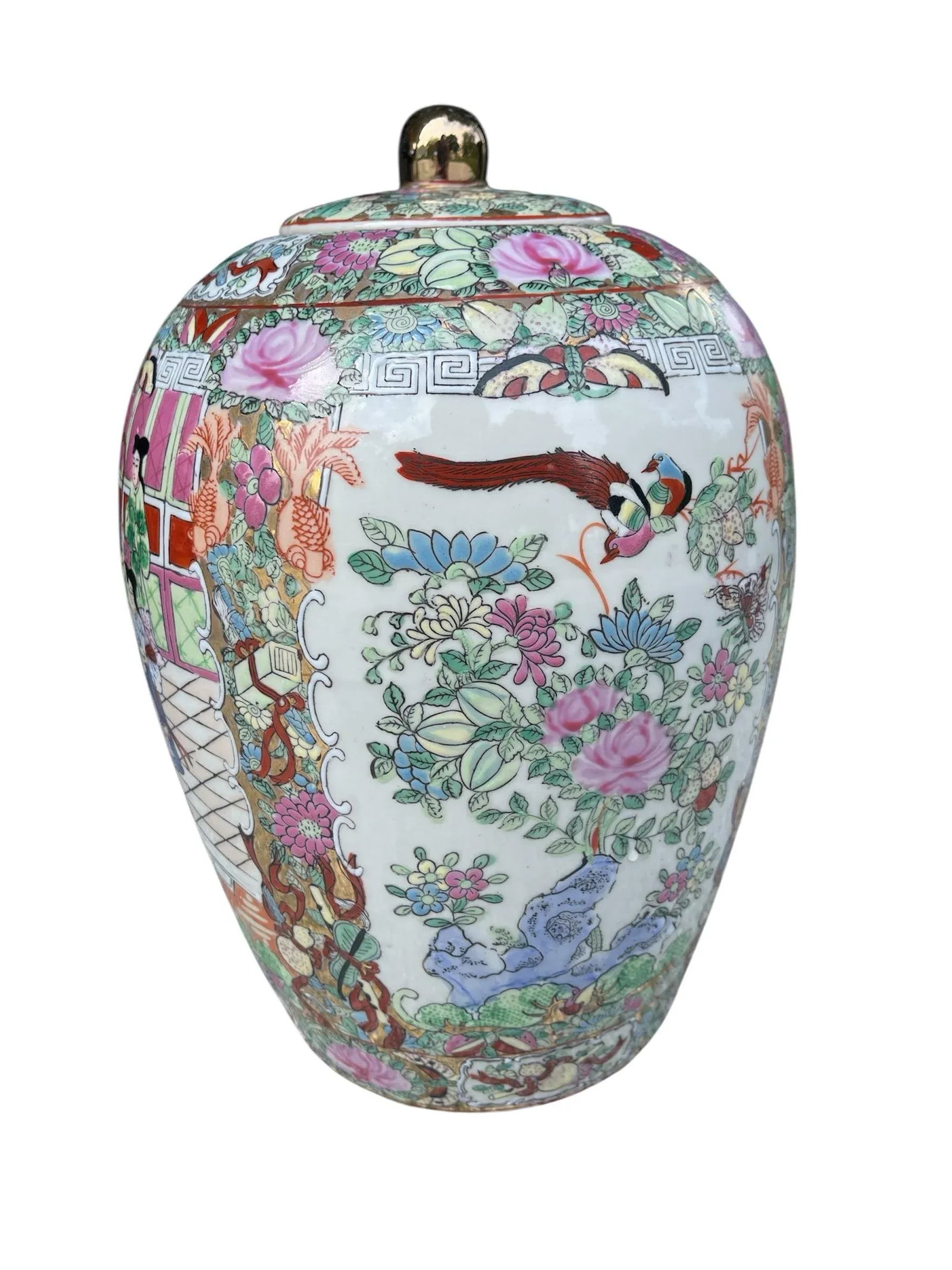 1960s Chinese Rose Medallion Lidded Jar "1000 Butterflies" Motif and Courtly Figures - 11