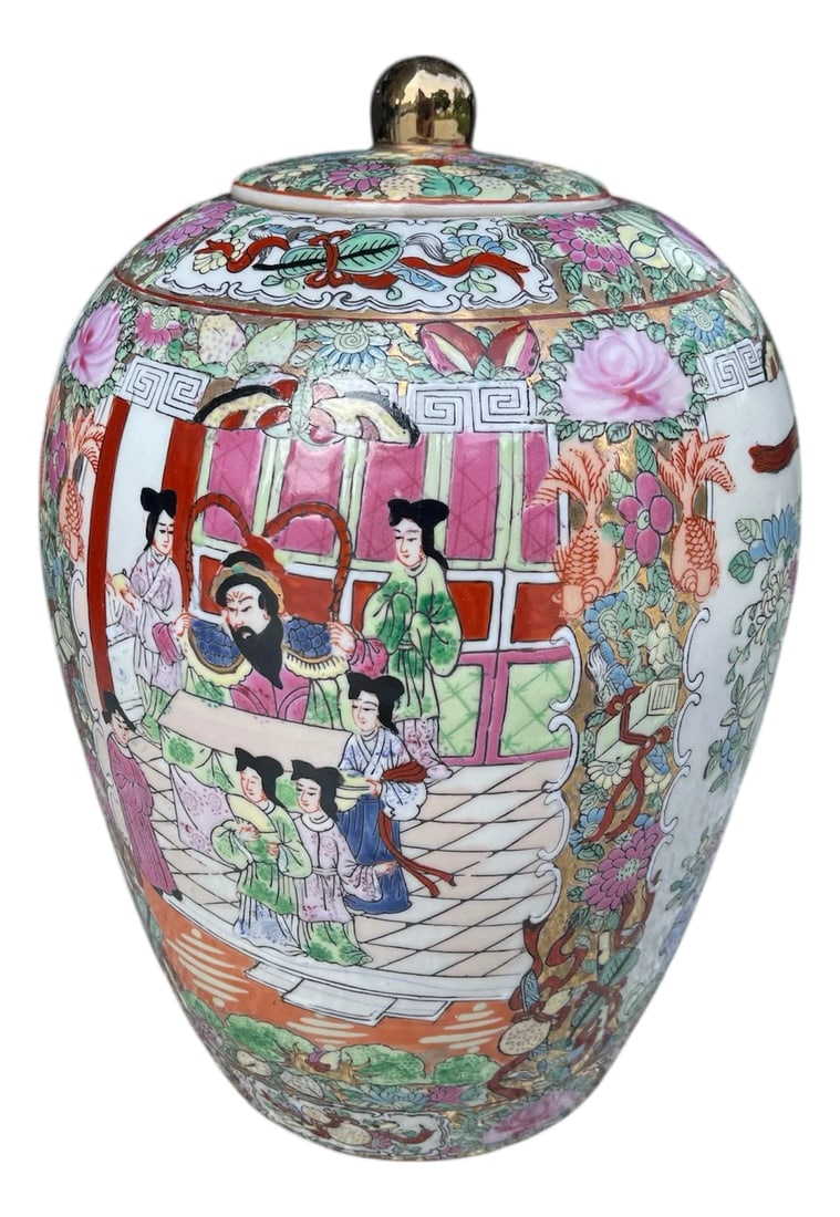 1960s Chinese Rose Medallion Lidded Jar "1000 Butterflies" Motif and Courtly Figures: Impressive heavily enameled and gilded Famille Rose Rose Medallion lidded oval jar that showcases courtly figures with the beautiful "1000 butterflies" design and flowers. The 4 character "Qianlong