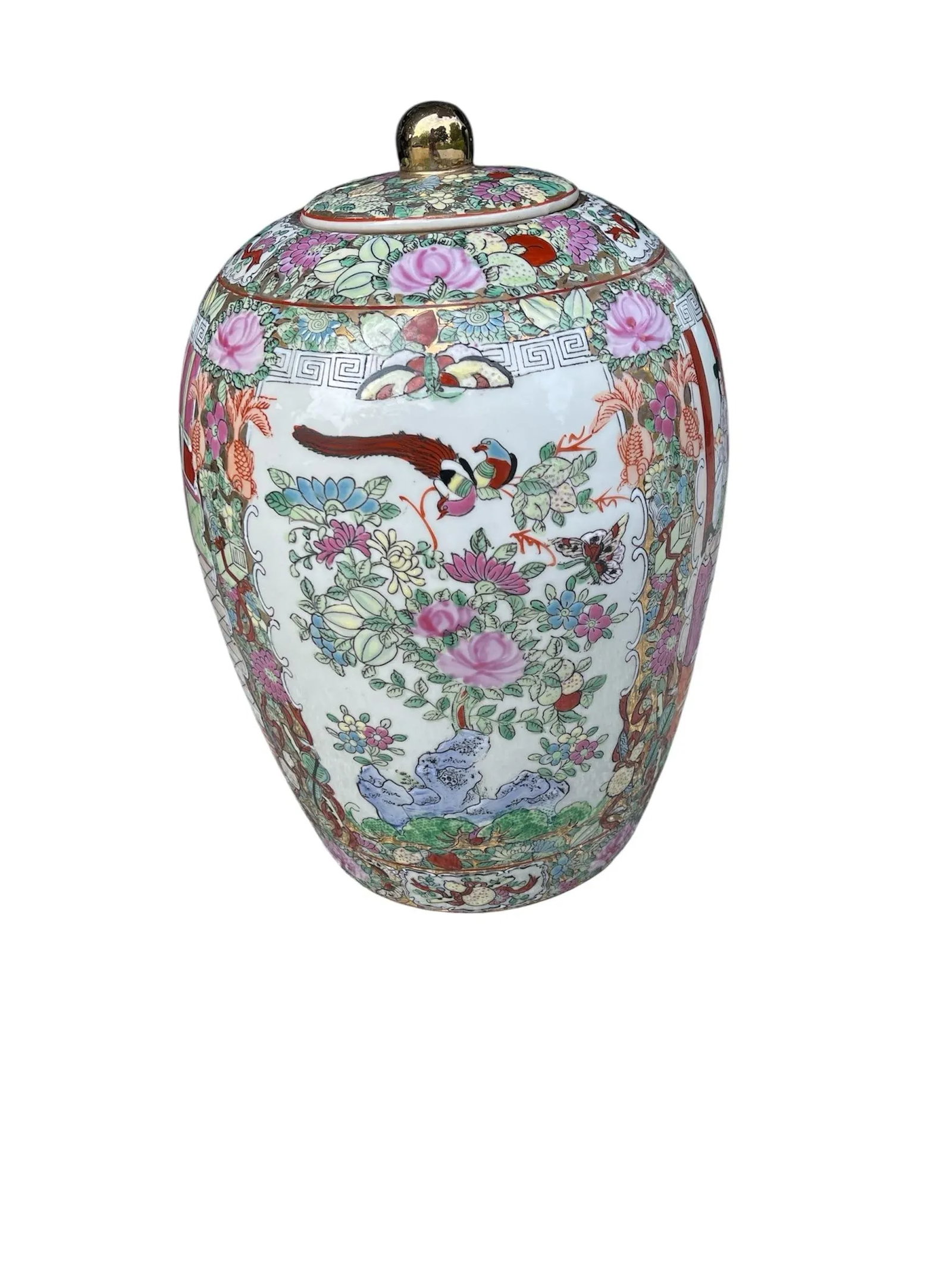 1960s Chinese Rose Medallion Lidded Jar "1000 Butterflies" Motif and Courtly Figures - 2