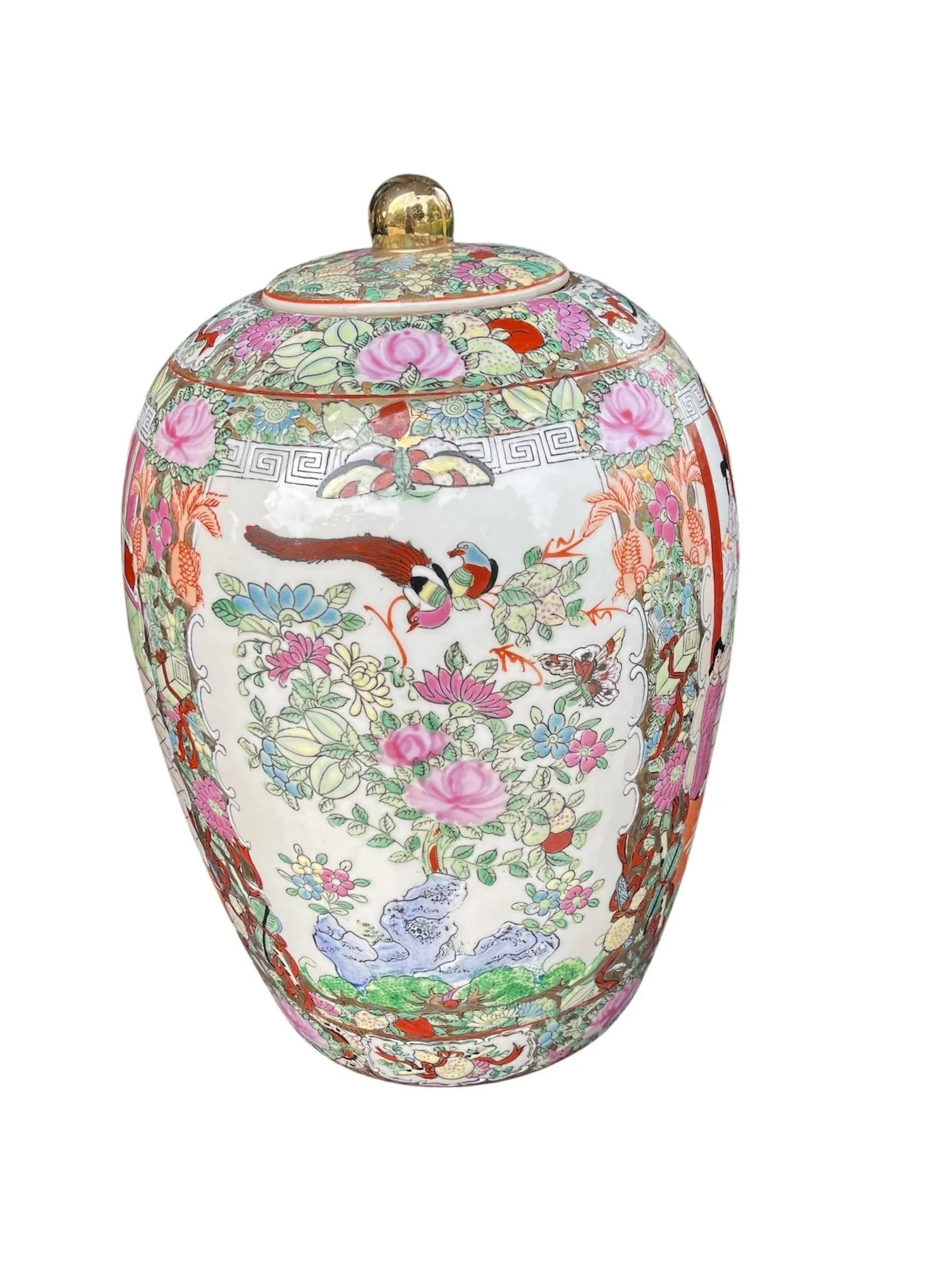 1960s Chinese Rose Medallion Lidded Jar "1000 Butterflies" Motif and Courtly Figures - 3