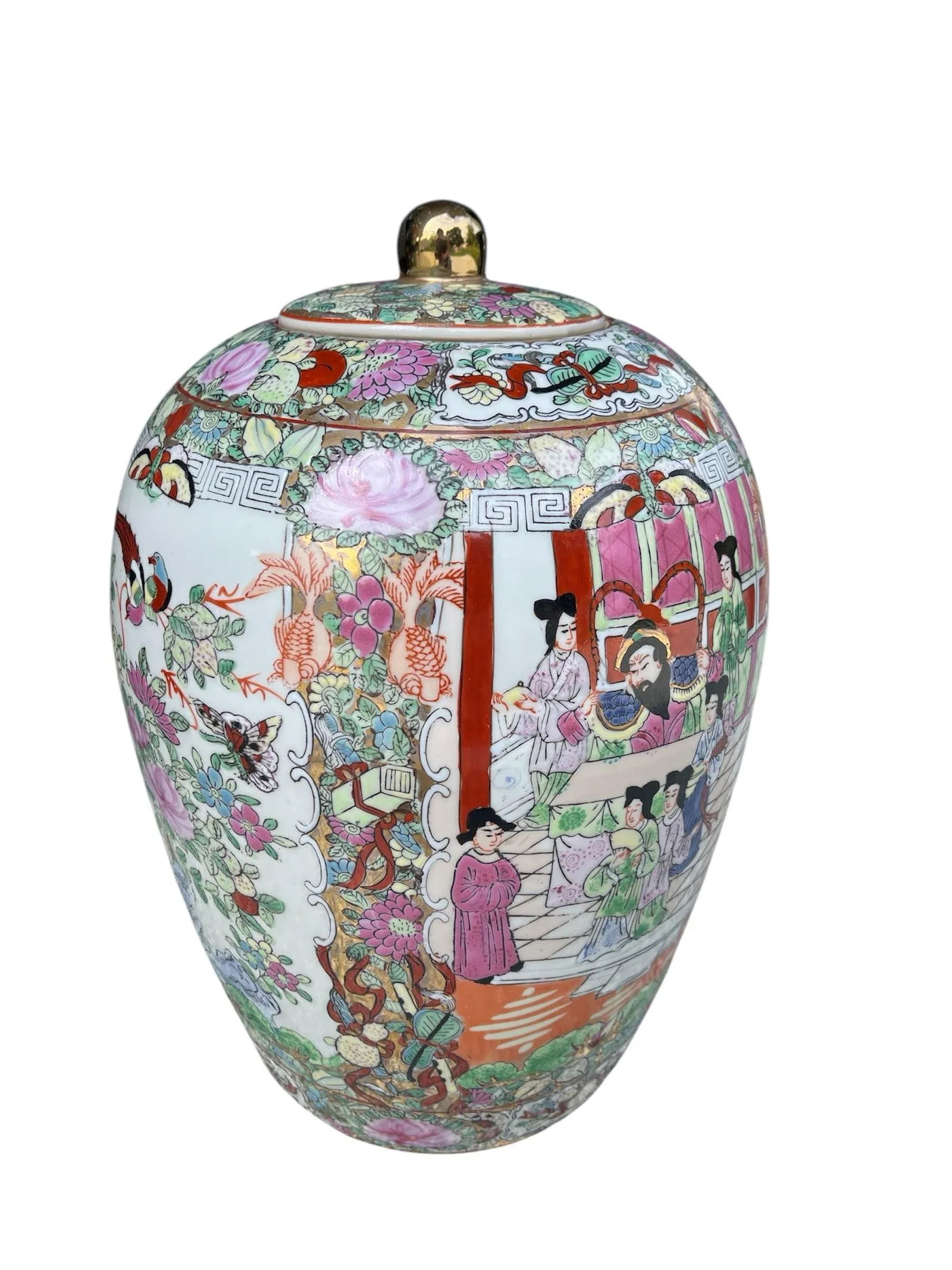 1960s Chinese Rose Medallion Lidded Jar "1000 Butterflies" Motif and Courtly Figures - 4
