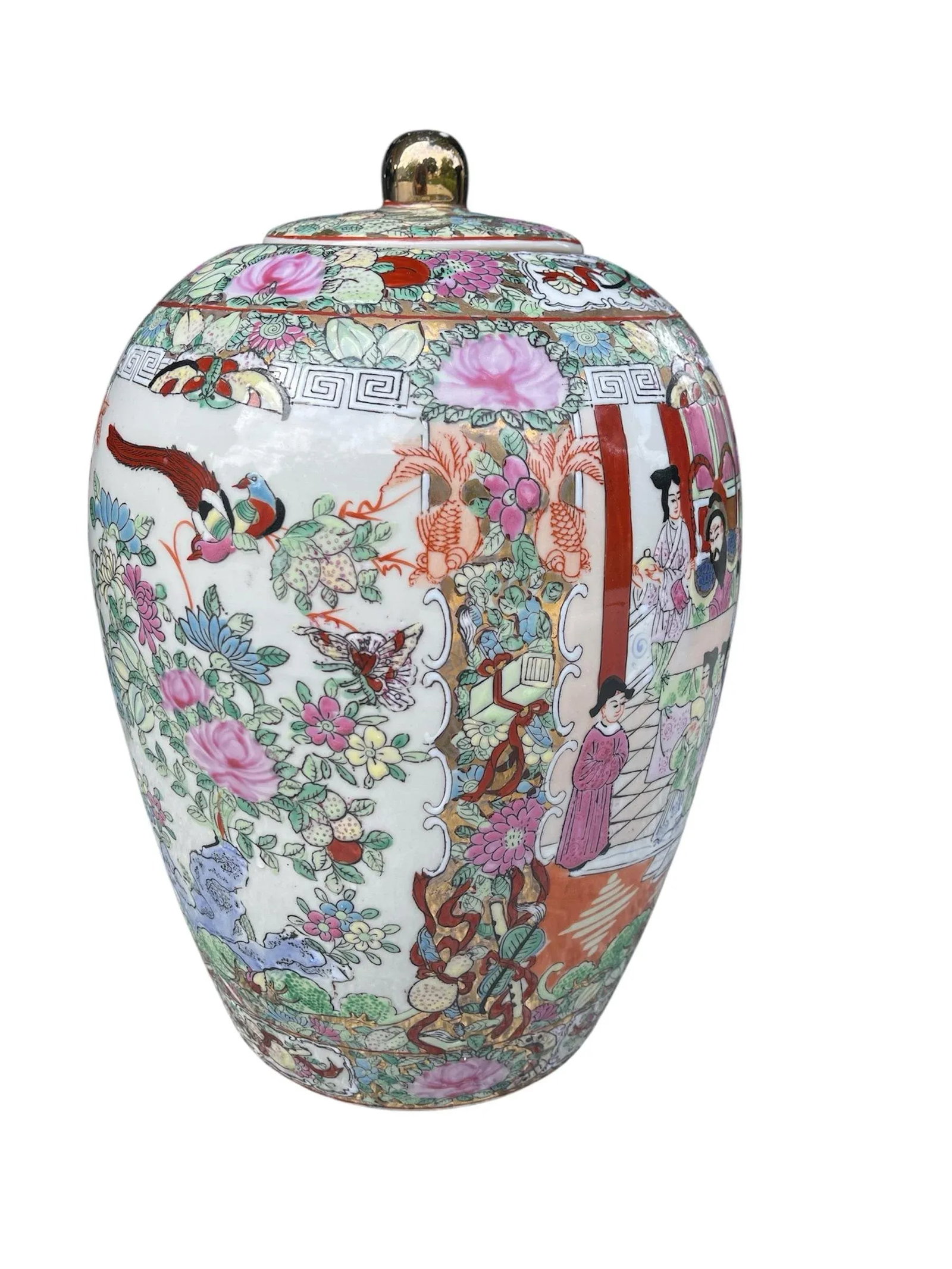 1960s Chinese Rose Medallion Lidded Jar "1000 Butterflies" Motif and Courtly Figures - 6