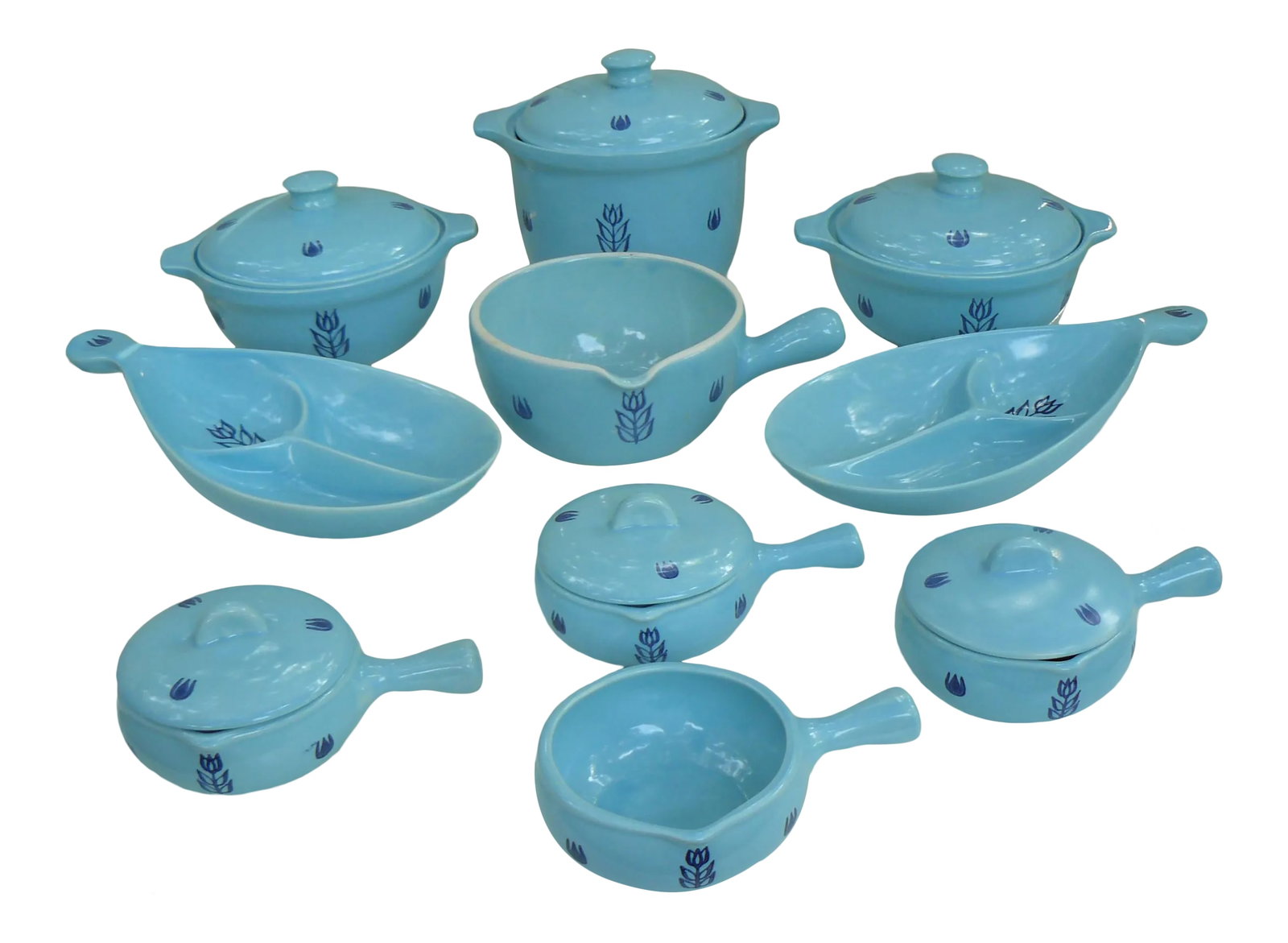 Mid 20th Century Cameron Clay Pottery Dutch Blue Tulip Serving Ware Set - Set of 17: Lovely set of Mid-Century Bake/Serve Ware by Cameron Clay Pottery of West Virginia between 1958-1961. This set is known as Dutch Blue, although some refer to it as Blue Tulip. The larger French Casser
