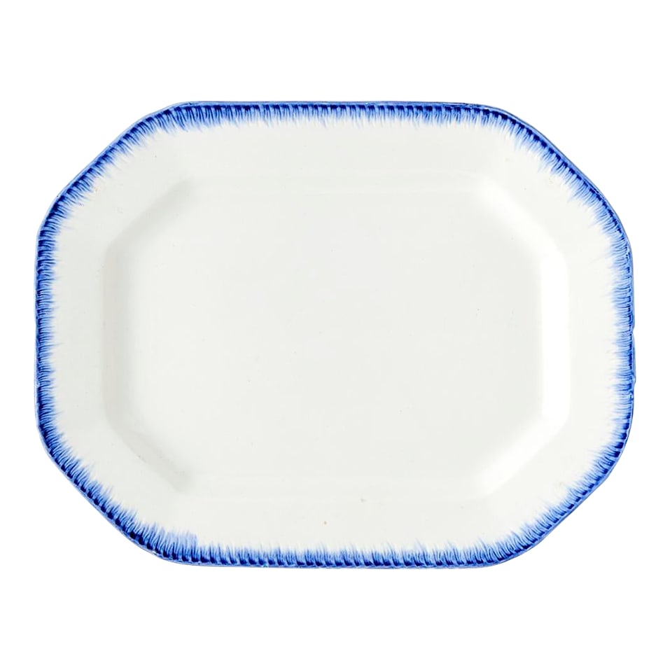 Antique Feather Edge Platter: - Dimensions: 11.5" x 14.5" - This large antique ironstone platter is elegant, durable, and sure to become a go-to in your entertaining arsenal. - Beautiful feather edge detail in a rich, cobalt