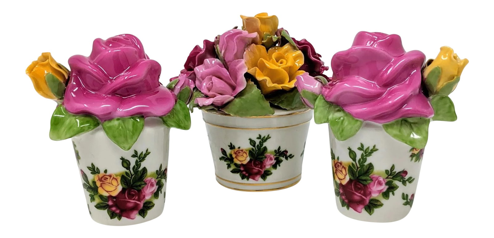 Vintage 1980s Ultra Rose, Yellow, Gold Colored Royal Doulton White Salt and Pepper Set With Decorati: This Old Country Roses salt and pepper shaker are marked (C) 1962 Royal Albert LTD and are part of the Sculpted Roses series. These salt and pepper shakers are flower-shaped on the top and depict flow