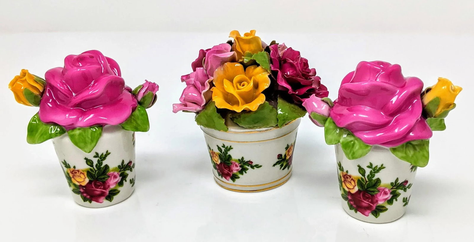 Vintage 1980s Ultra Rose, Yellow, Gold Colored Royal Doulton White Salt and Pepper Set With Decorati - 2