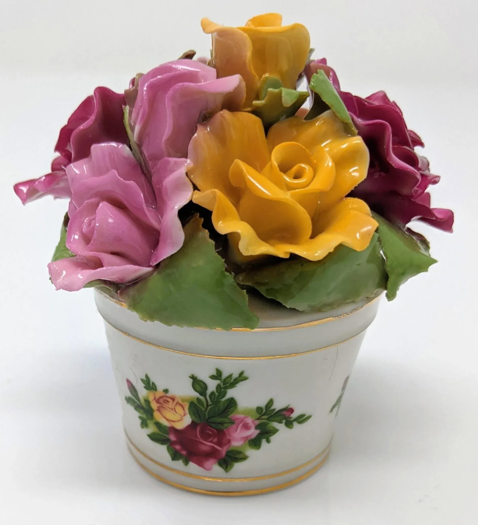 Vintage 1980s Ultra Rose, Yellow, Gold Colored Royal Doulton White Salt and Pepper Set With Decorati - 6