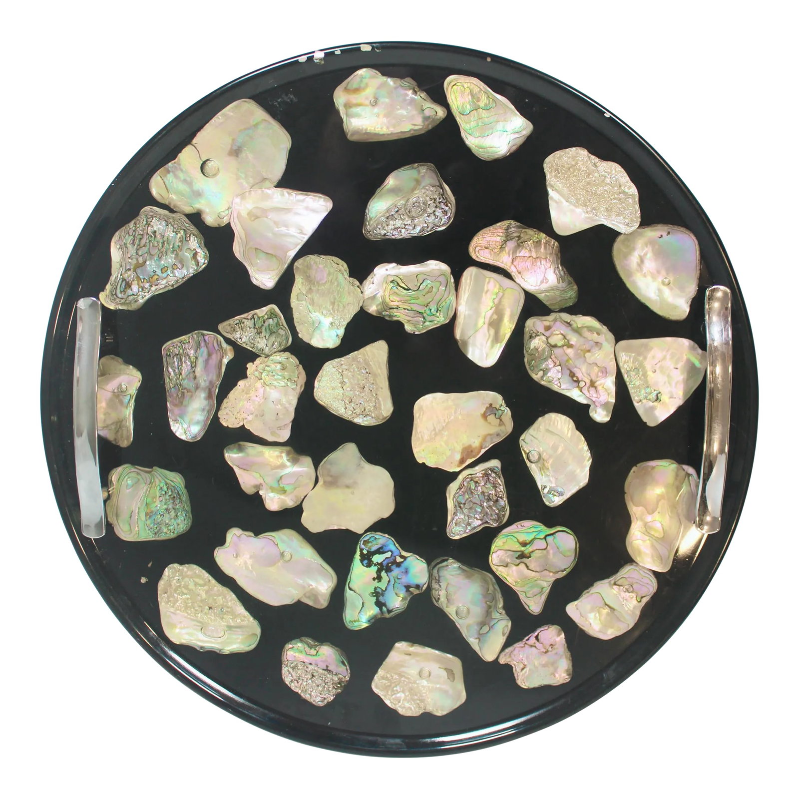 Vintage Mid Century Modern Abalone Shell and Lucite Circular Tray With Handles: A stunning vintage abalone shell and lucite black tray with chrome silver handles. You will love this beautiful tray. Excellent Condition Condition: Alterations: Original Condition Unaltered Imperfect