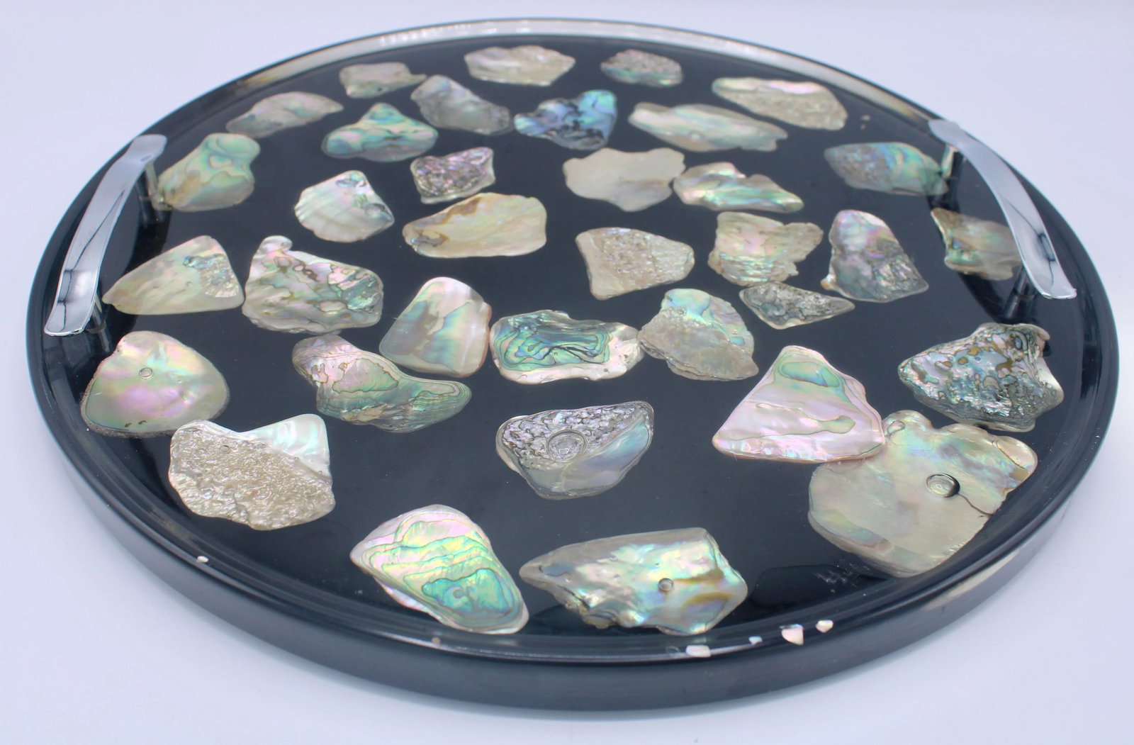 Vintage Mid Century Modern Abalone Shell and Lucite Circular Tray With Handles - 6