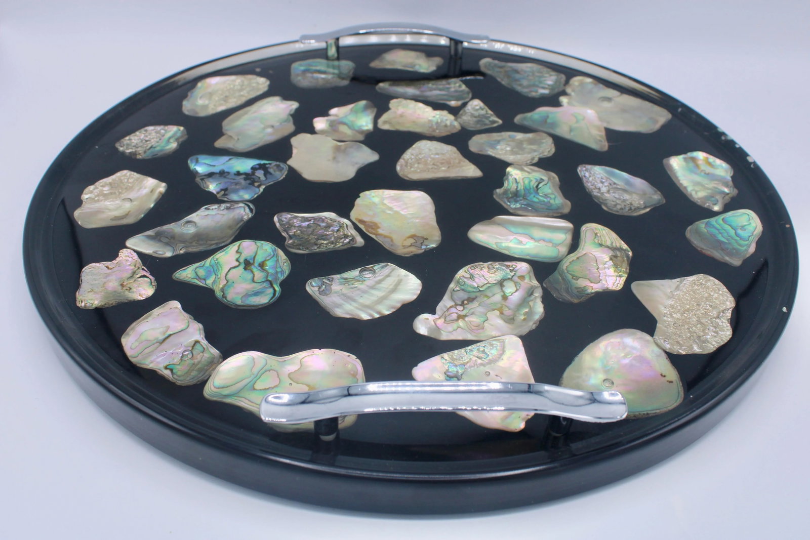 Vintage Mid Century Modern Abalone Shell and Lucite Circular Tray With Handles - 7