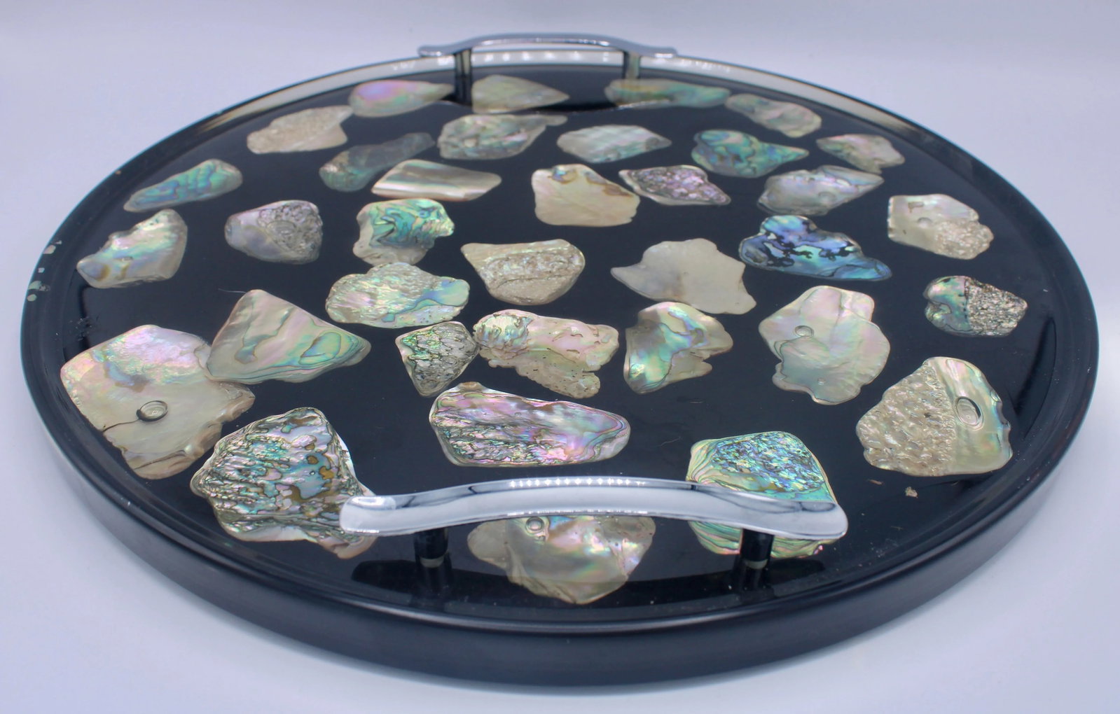 Vintage Mid Century Modern Abalone Shell and Lucite Circular Tray With Handles - 8
