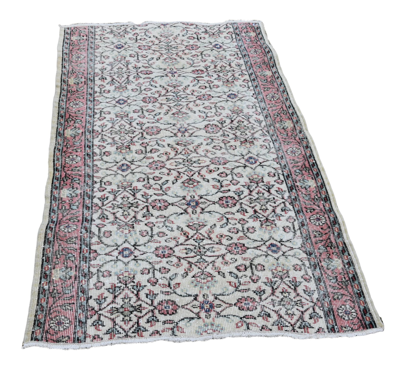 1980s Turkish Beige Floral Oushak Rug: Size: 3.1 x 5.7 ft ( 96 x 175 cm) 38 x 69 inches Color: Beige - Red - Green - Blue Material: Wool Fast Shipping: Delivery in 3-5 Business Days. All rugs are handwoven by traditional tribes of