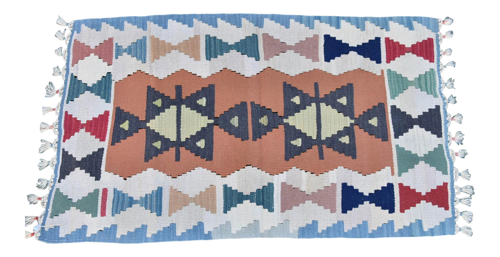 1980s Tribal Cream Geometric Kilim: Turkish Traditional Handwoven Anatolian Nomadic Traditional Style Oushak Kilim Rug Size: 2.2 x 3.7 ft ( 67 x 113 cm) 26 x 44 inches Color: Red , Yellow , Blue , Black, Orange, White Material: 100% Woo