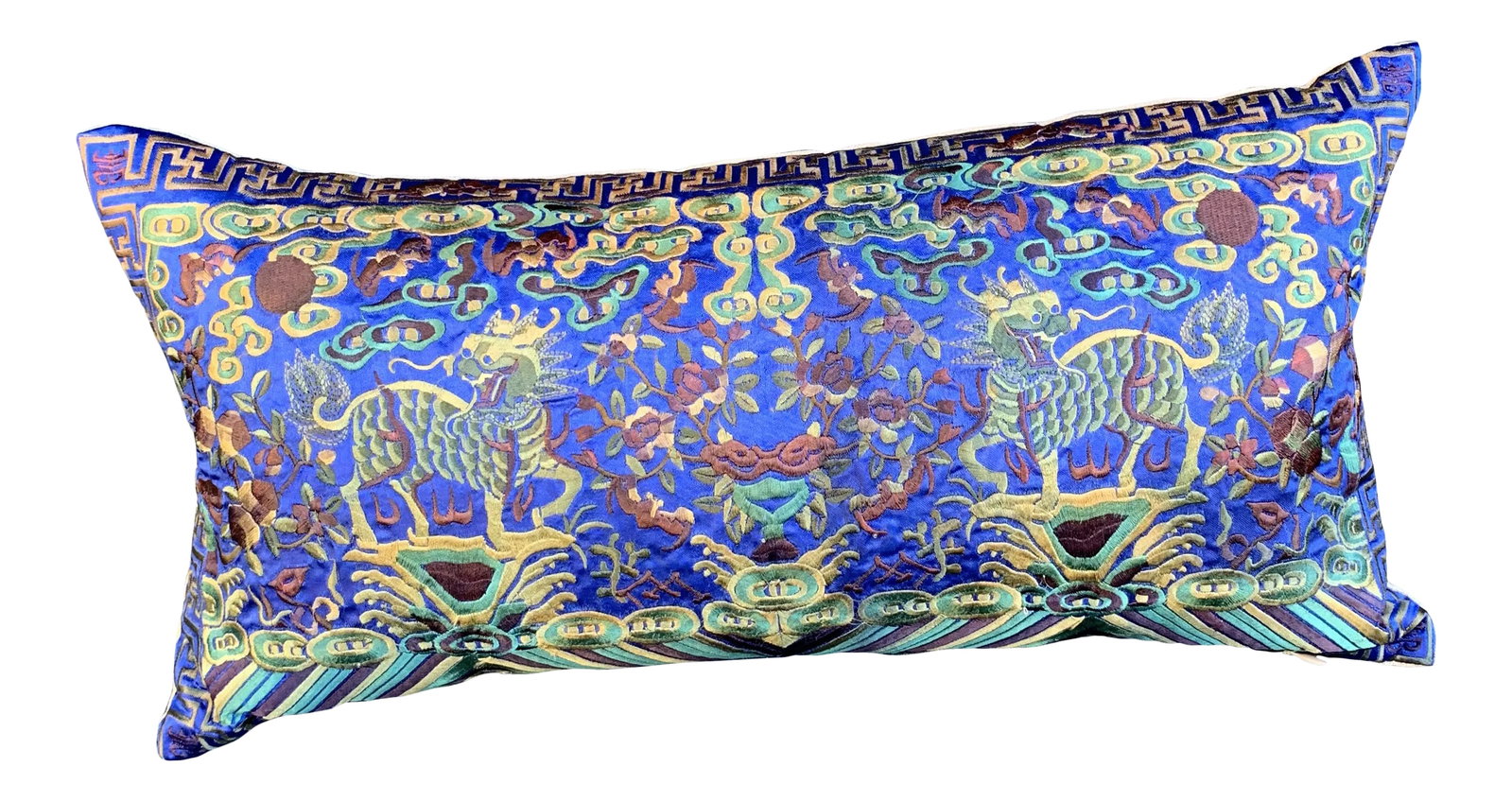 Hollywood Regency Royal Blue & Green Asian Chinoiserie Boudoir Pillow: Boudoir lumbar pillow made of a vintage colorful embroidered silk Asian textile fragment from a Chinese Opera Robe. A perfect little pop of color! New linen back and zipper closure. Custom down feathe