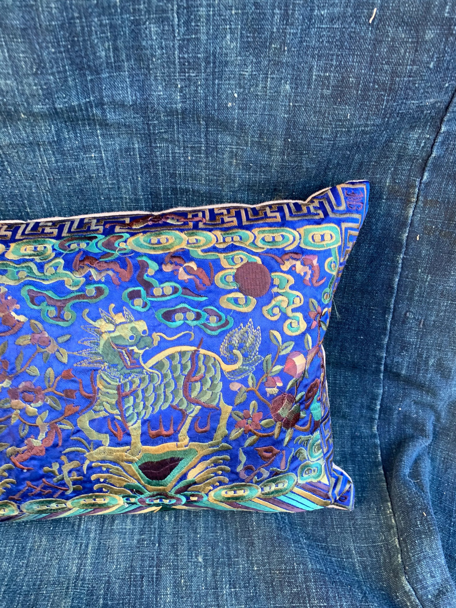 Hollywood Regency Royal Blue & Green Asian Chinoiserie Boudoir Pillow - 2