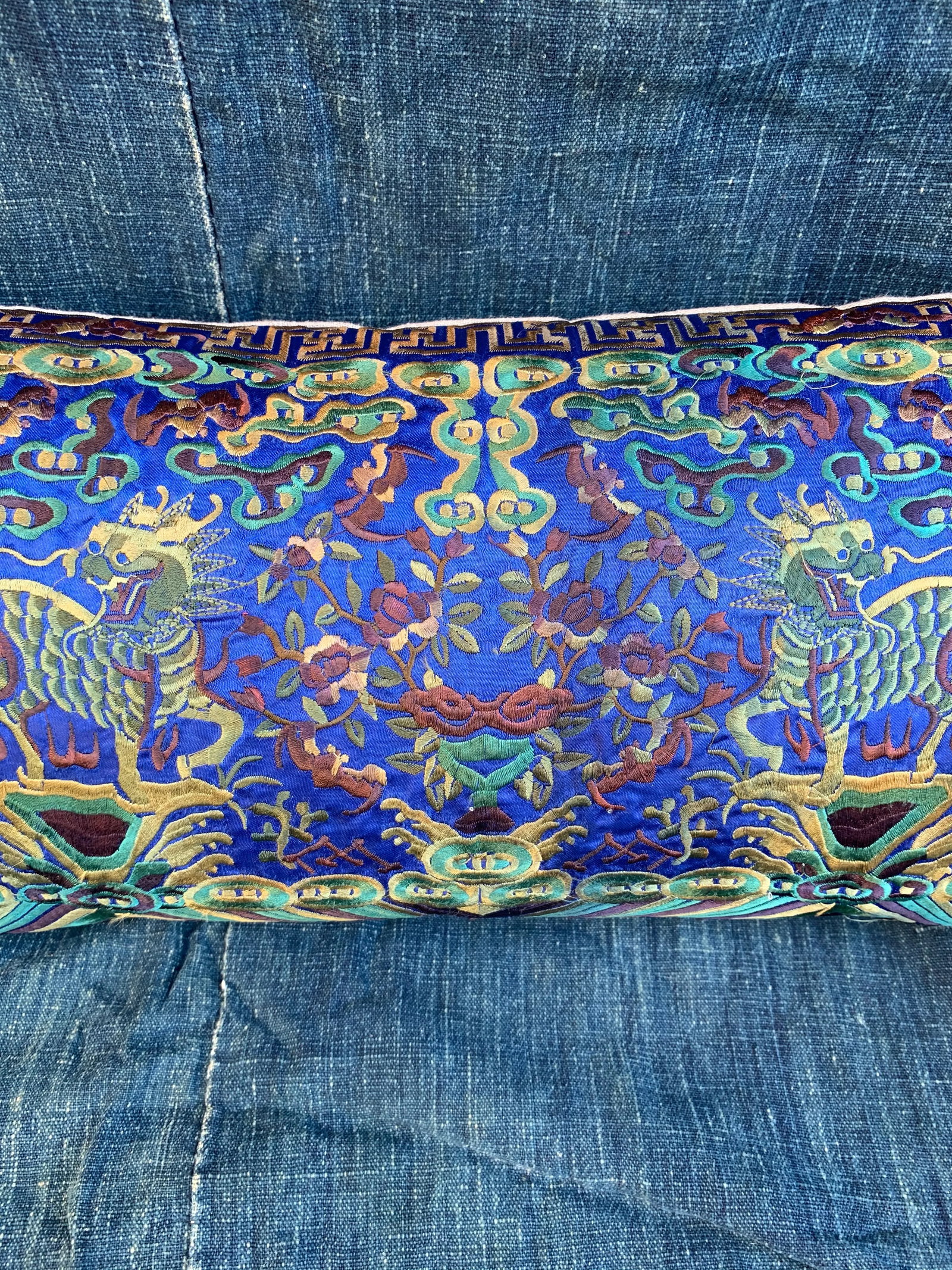 Hollywood Regency Royal Blue & Green Asian Chinoiserie Boudoir Pillow - 3