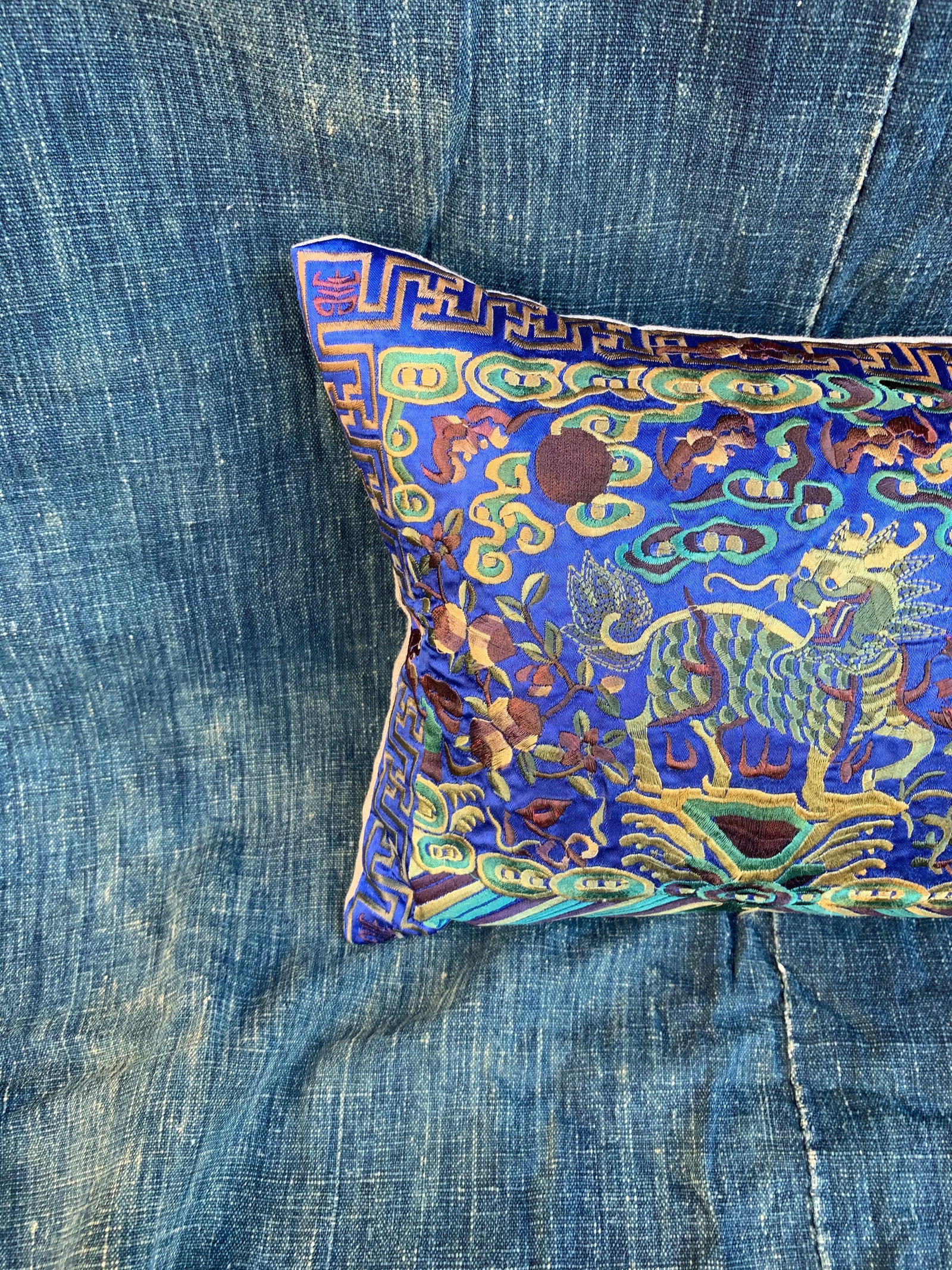 Hollywood Regency Royal Blue & Green Asian Chinoiserie Boudoir Pillow - 4
