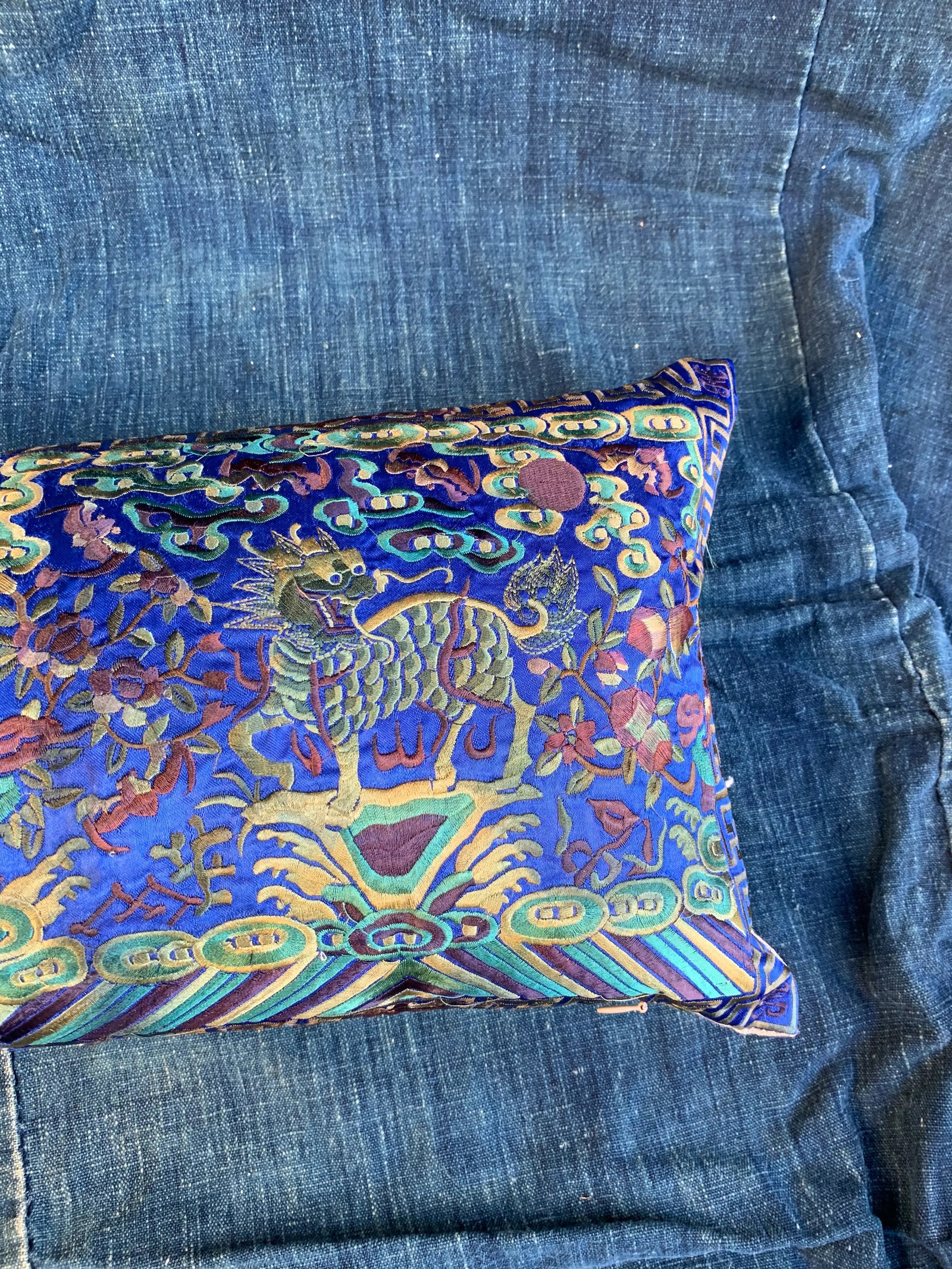 Hollywood Regency Royal Blue & Green Asian Chinoiserie Boudoir Pillow - 5
