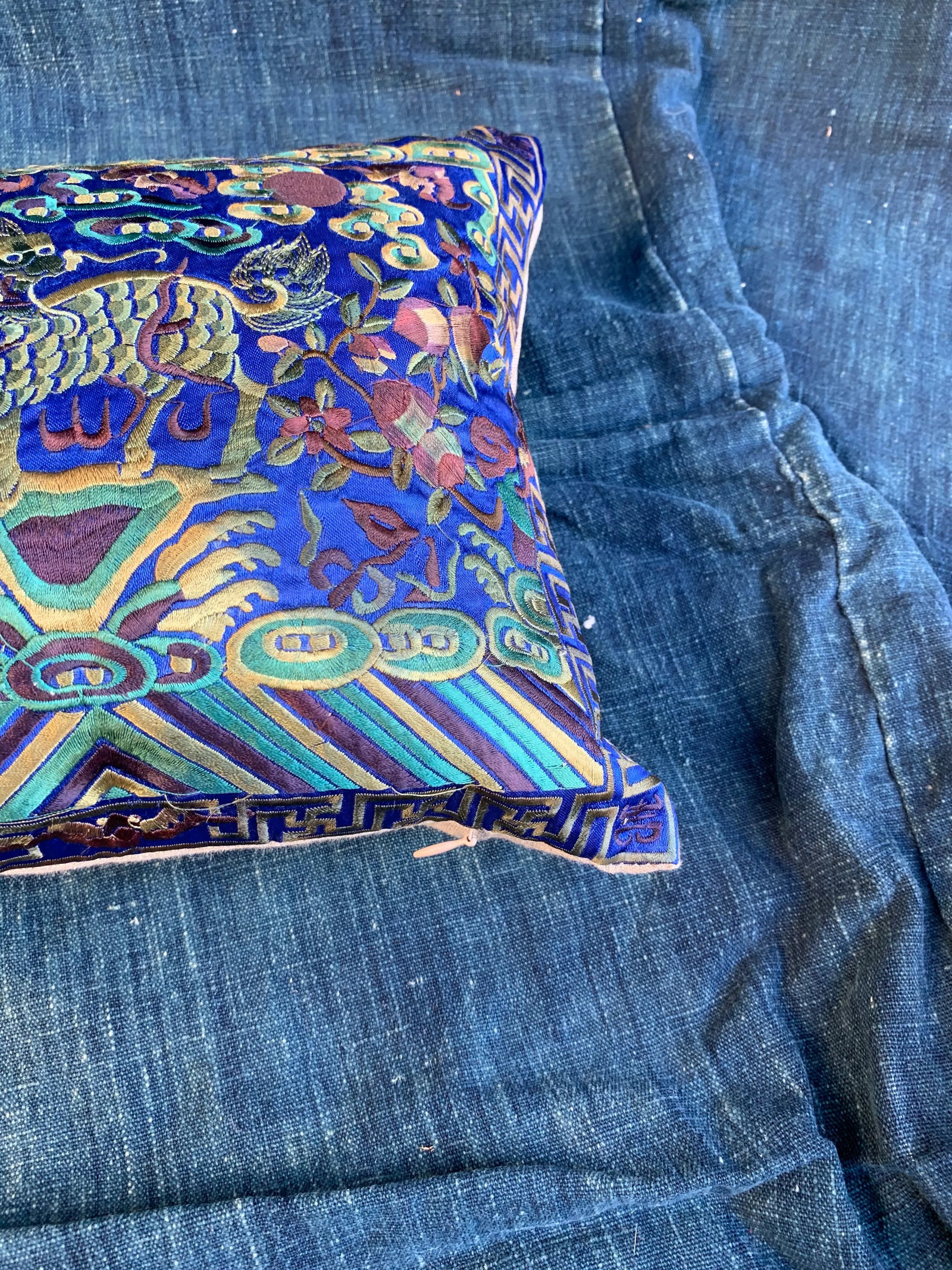 Hollywood Regency Royal Blue & Green Asian Chinoiserie Boudoir Pillow - 6