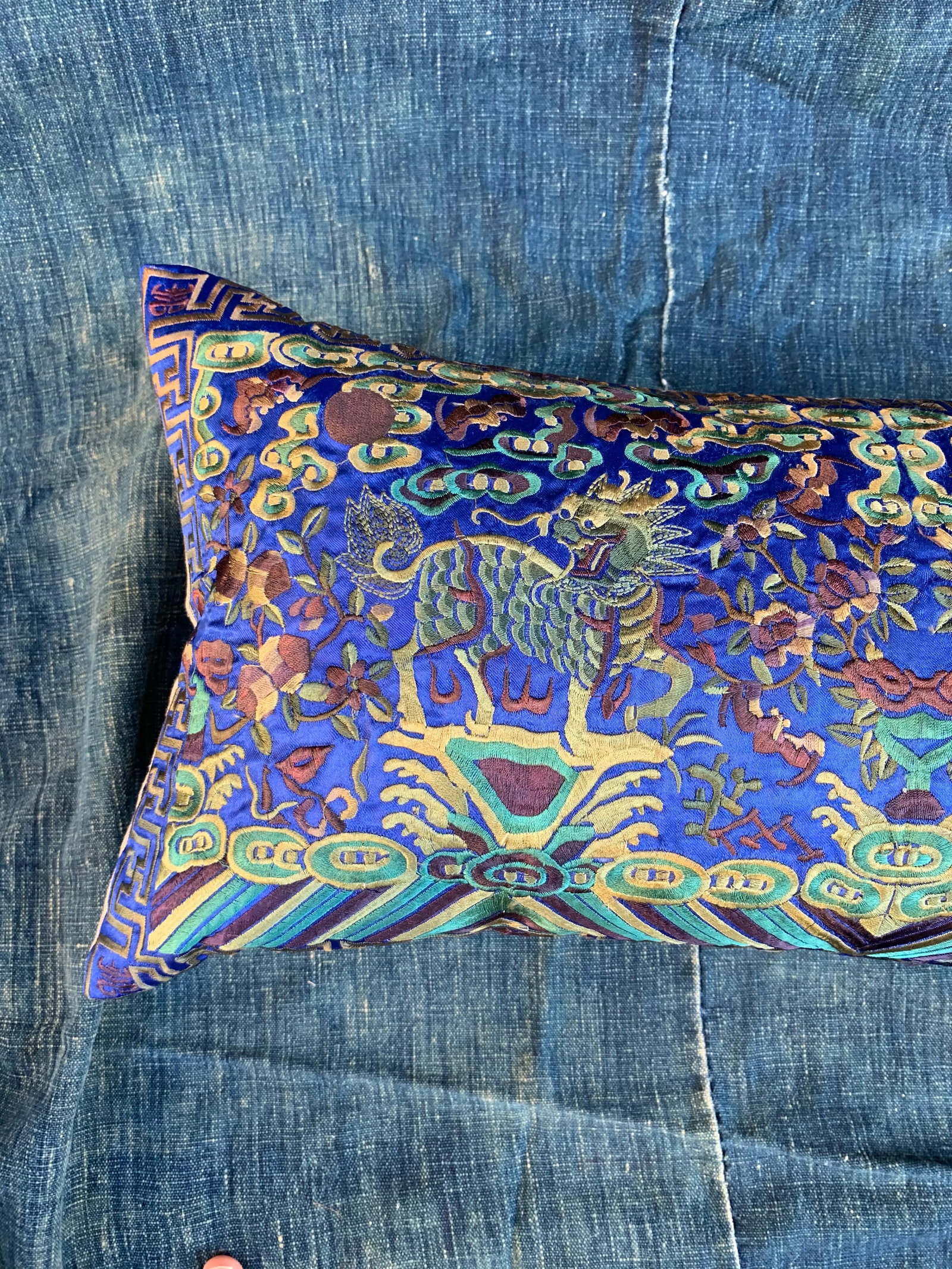 Hollywood Regency Royal Blue & Green Asian Chinoiserie Boudoir Pillow - 8