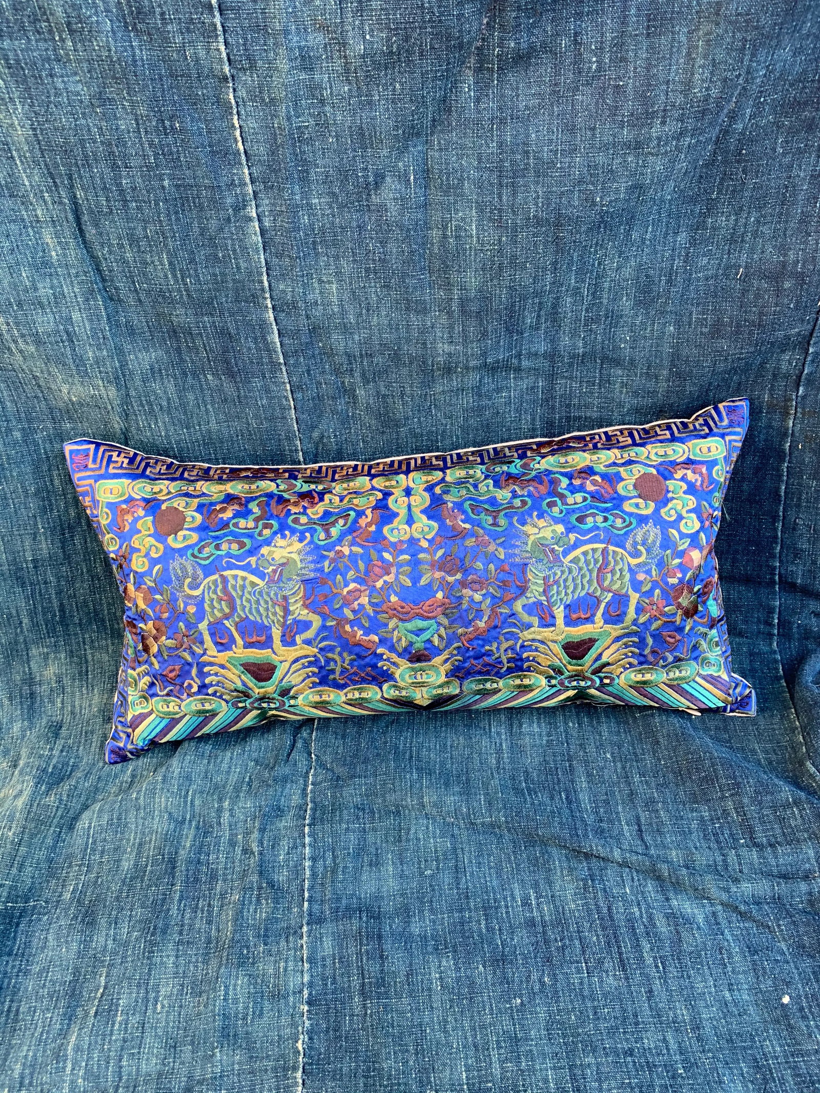 Hollywood Regency Royal Blue & Green Asian Chinoiserie Boudoir Pillow - 9