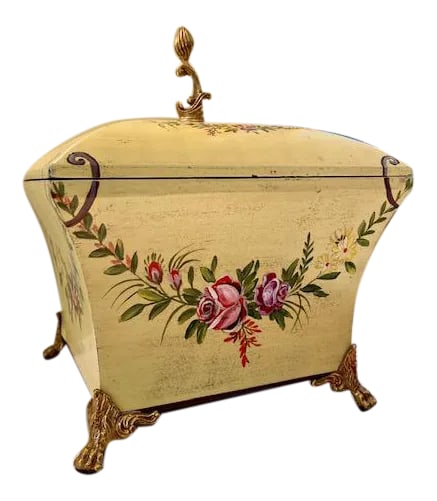 Maitland Smith Hand Painted Floral Box: Beautiful, Yellow, Maitland Smith Floral Box with Brass Claw Feet. Had on my coffee table to store extra coasters, candles, etc. Purchased it at Safavieh Home. Condition: Alterations: Original Conditi